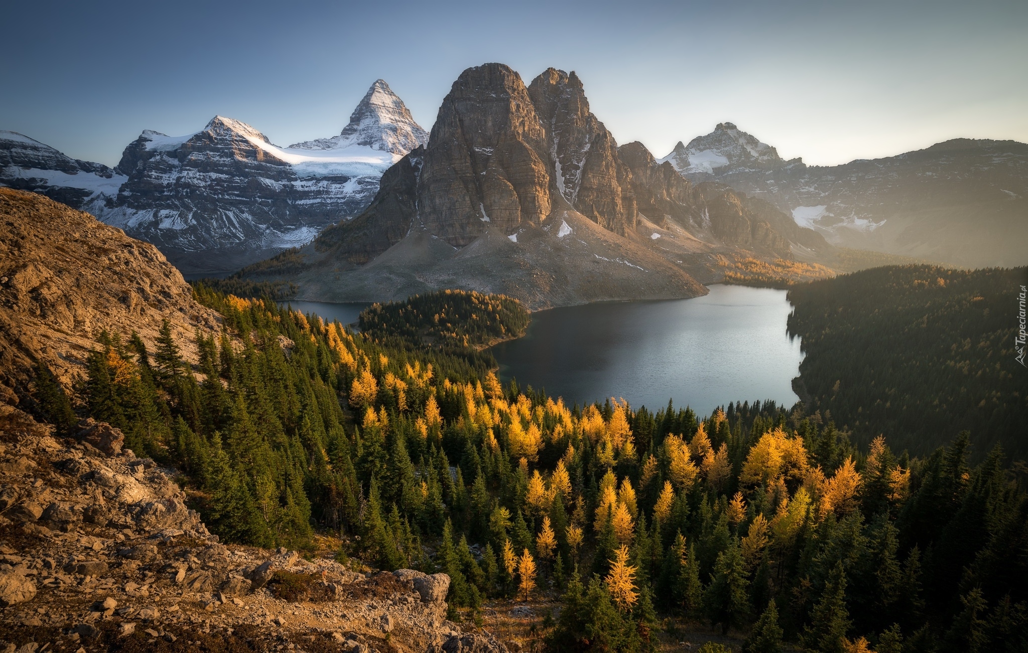 Kanada, Kolumbia Brytyjska, Park Prowincjonalny Mount Assiniboine, Góra Mount Assiniboine, Jezioro Cerulean, Jeziora, Góry, Jesień