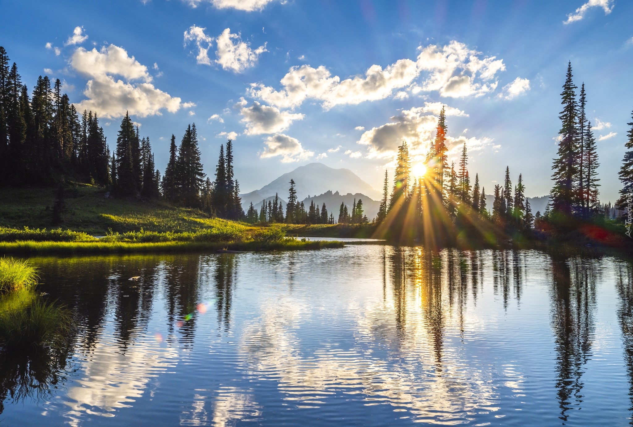 Park Narodowy Mount Rainier, Góry, Drzewa, Jezioro, Tipsoo Lake, Niebo, Zachód słońca, Stan Waszyngton, Stany Zjednoczone