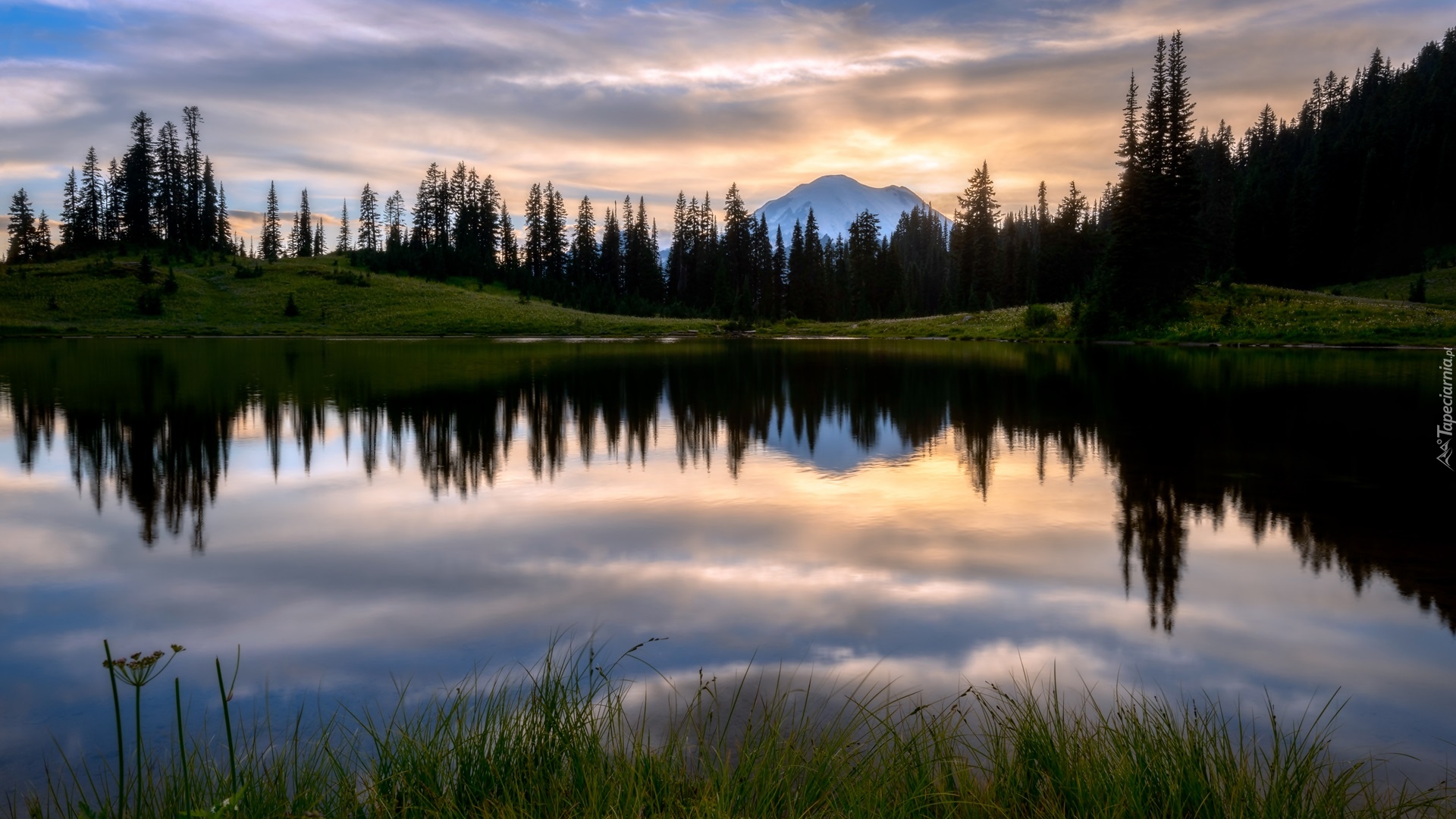 Jezioro, Tipsoo Lake, Park Narodowy Mount Rainier, Stratowulkan Mount Rainier, Drzewa, Wschód słońca, Chmury, Stan Waszyngton, Stany Zjednoczone