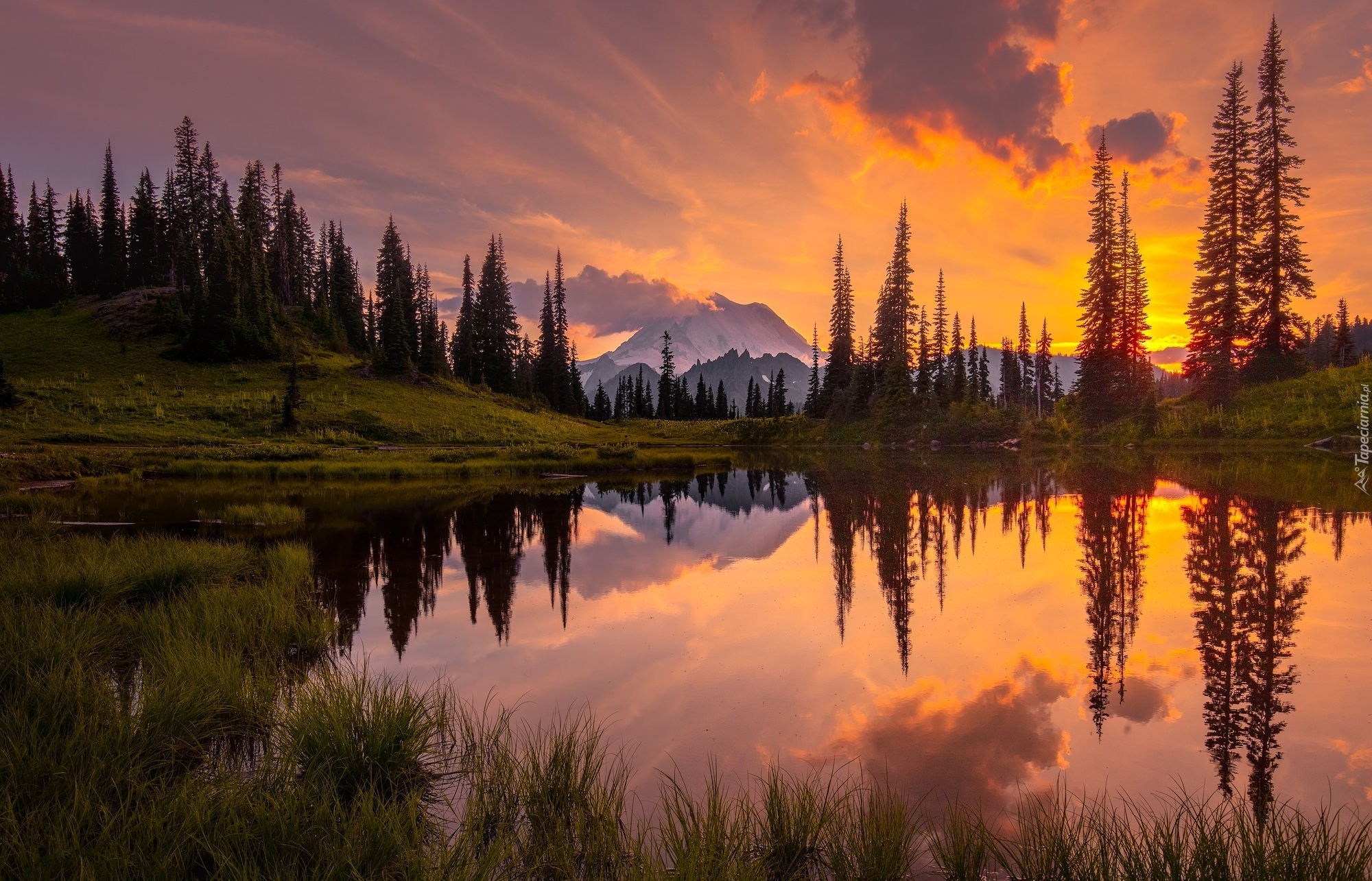 Park Narodowy Mount Rainier, Jezioro Tipsoo, Drzewa, Zachód Słońca, Góry, Stratowulkan Mount Rainier, Stan Waszyngton, Stany Zjednoczone