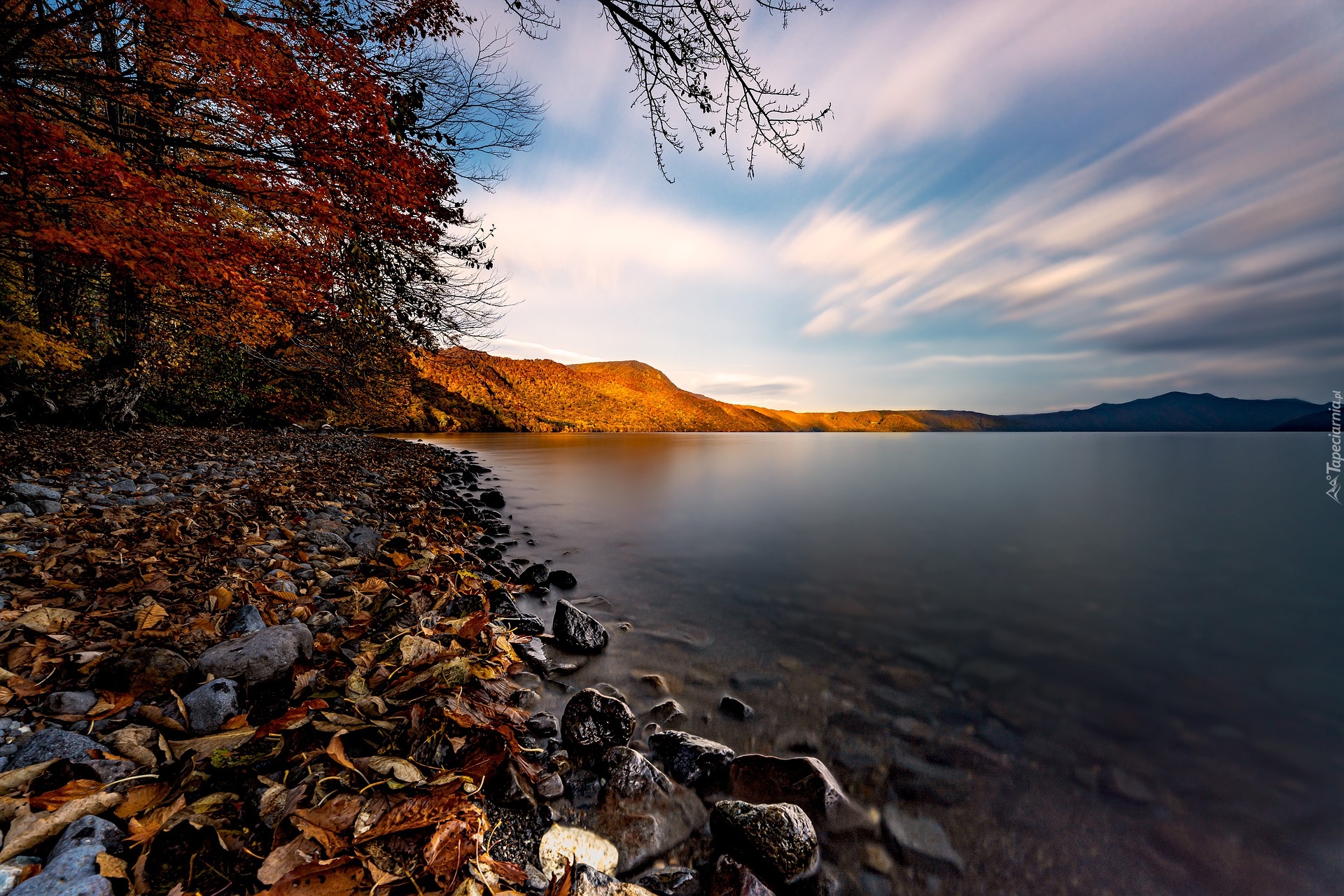 Jesień, Jezioro Towada, Góry Ou, Niebo, Wyspa Honsiu, Japonia