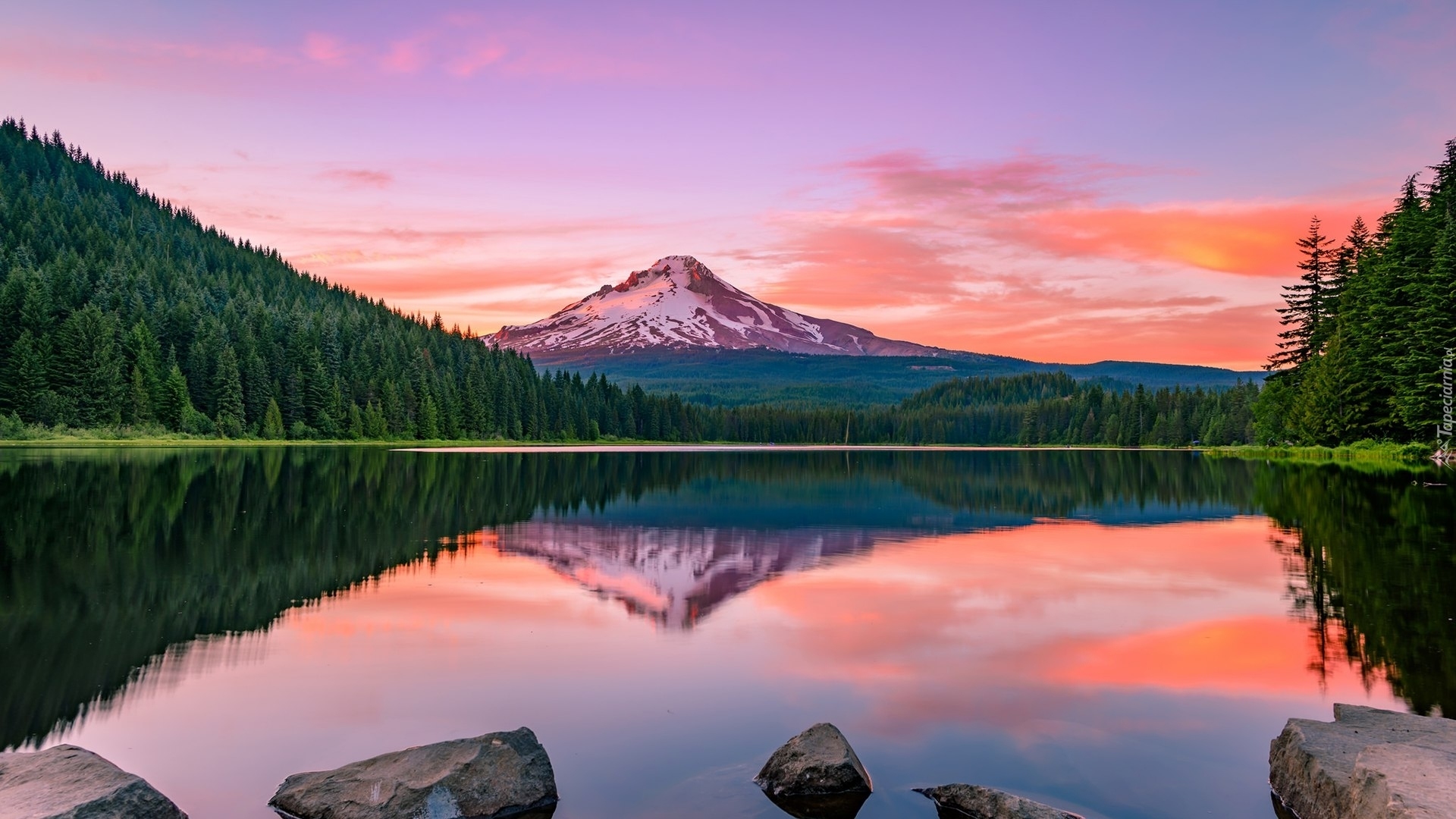 Góry, Stratowulkan Mount Hood, Jezioro Trillium Lake, Kamienie, Drzewa, Las, Chmury, Stan Oregon, Stany Zjednoczone