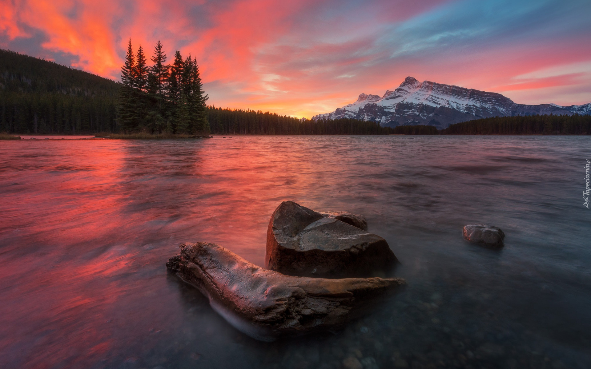 Góry, Mount Rundle, Jezioro, Two Jack Lake, Kamienie, Drzewa, Wschód słońca, Park Narodowy Banff, Prowincja Alberta, Kanada