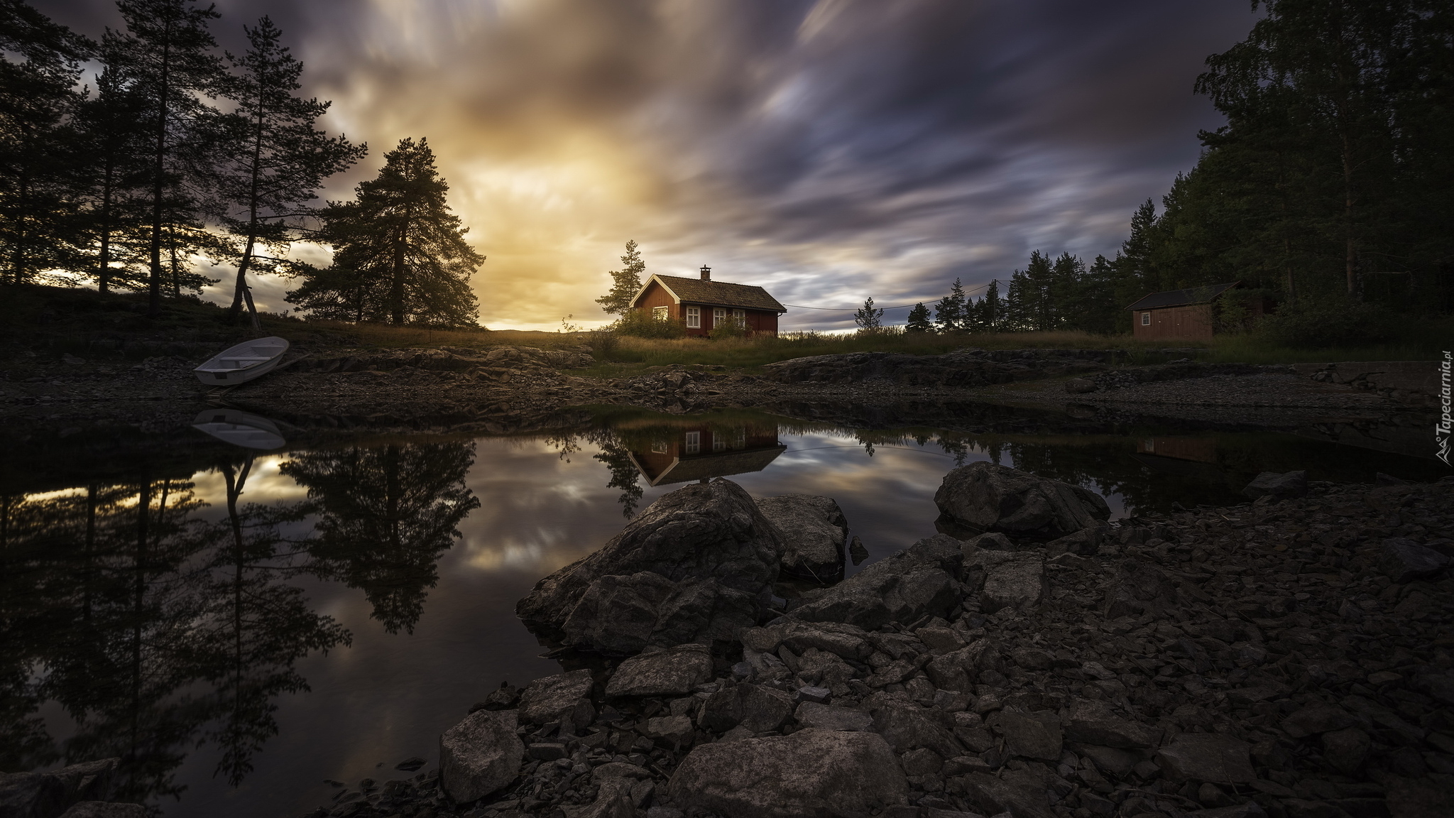 Norwegia, Ringerike, Jezioro Vaeleren, Kamienie, Dom, Łódka, Drzewa, Zmierzch