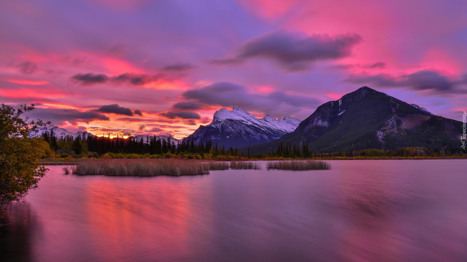 Góry, Canadian Rockies, Jezioro, Vermilion Lake, Kolorowe, Niebo, Drzewa, Odbicie, Park Narodowy Banff, Prowincja Alberta, Kanada