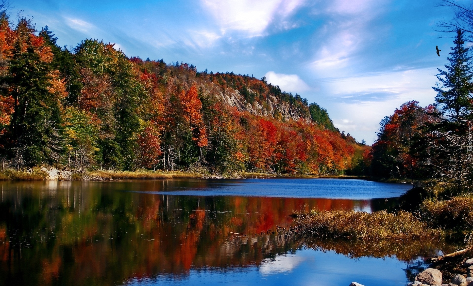 Stany Zjednoczone, Stan Nowy Jork, Adirondack Park, Jesień, Drzewa, Góry,  Jezioro