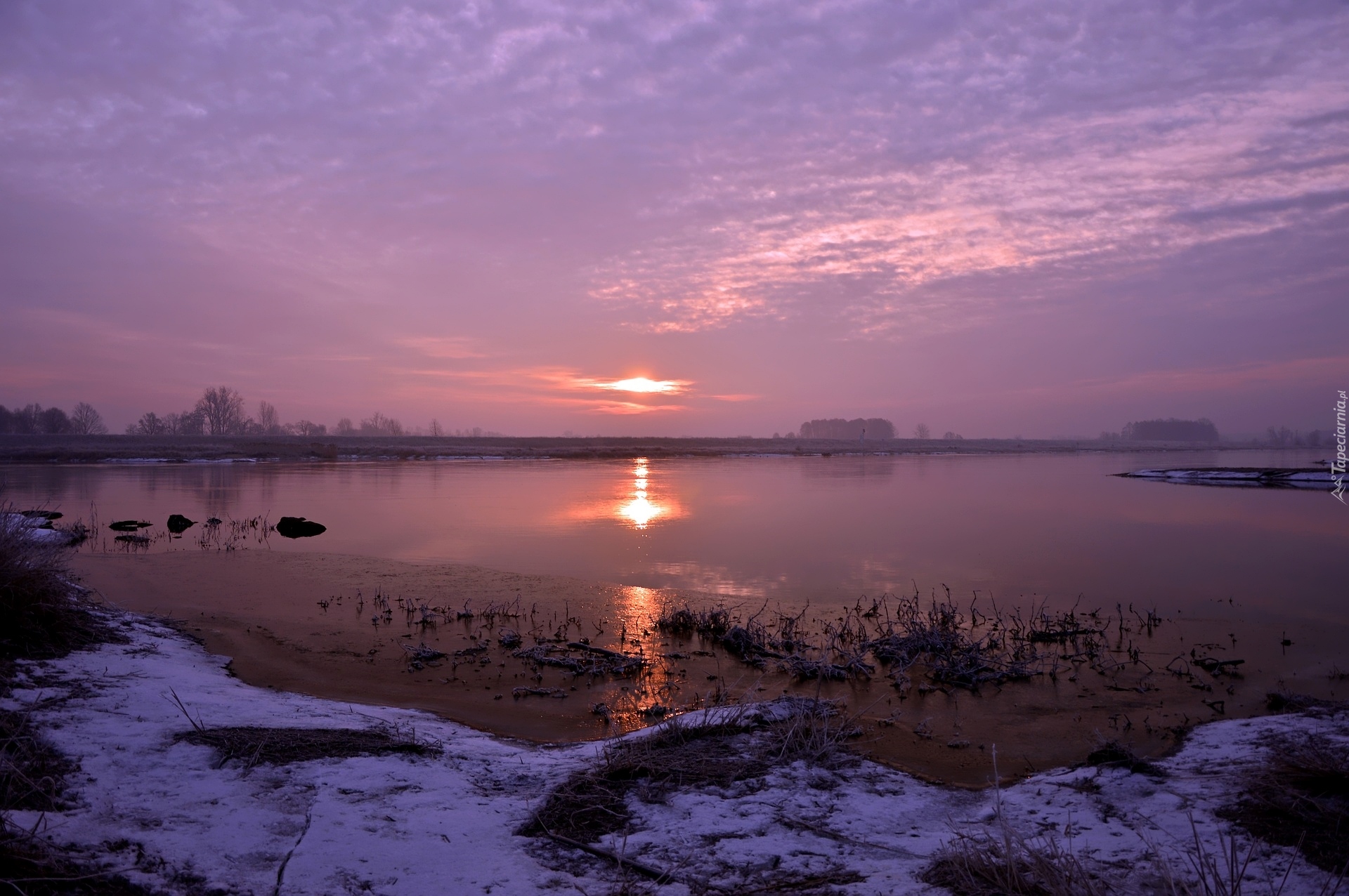 Jezioro, Brzeg, Śnieg, Zachód słońca