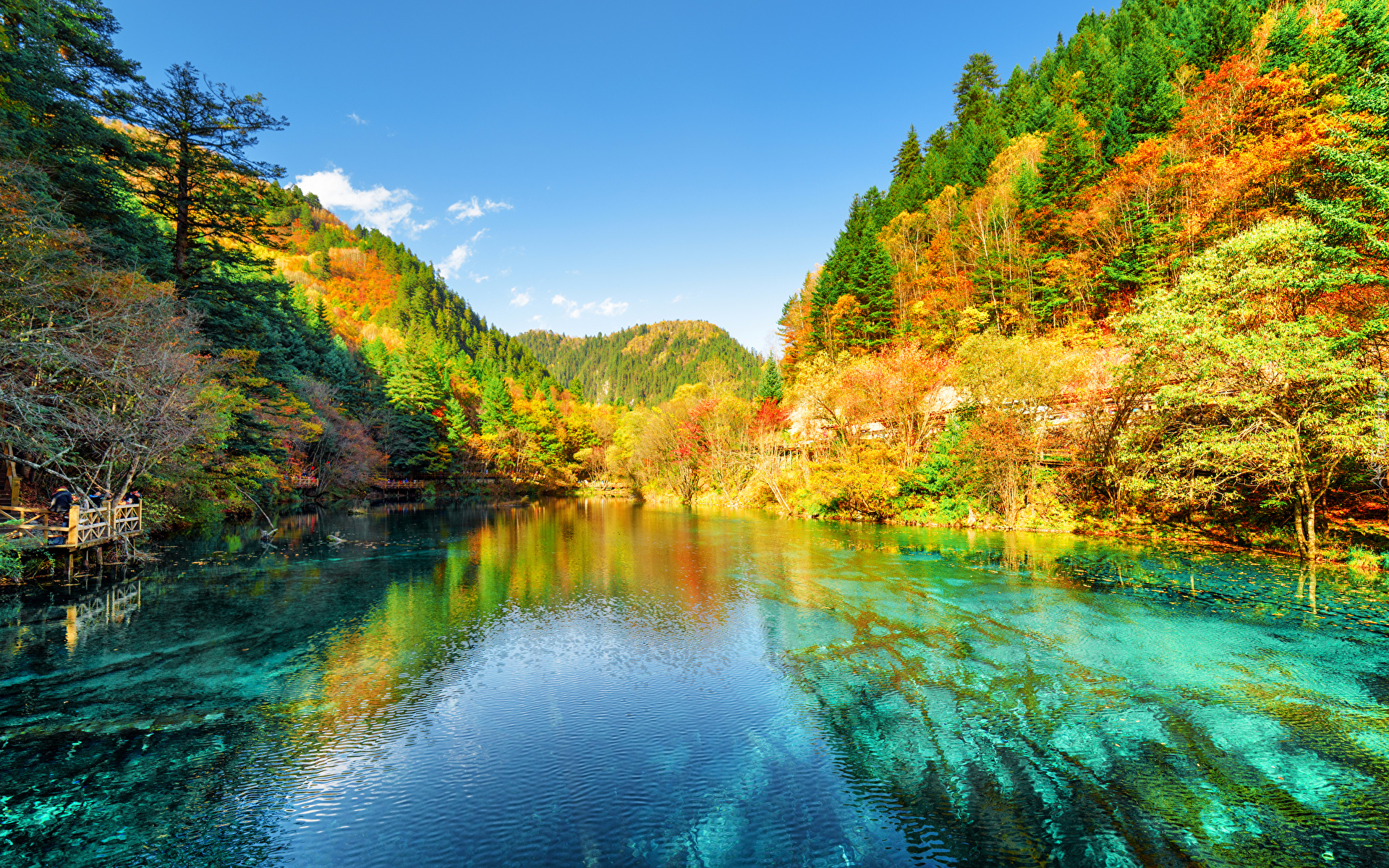 Chiny, Park Narodowy Jiuzhaigou, Jezioro, Las, Góry, Jesień