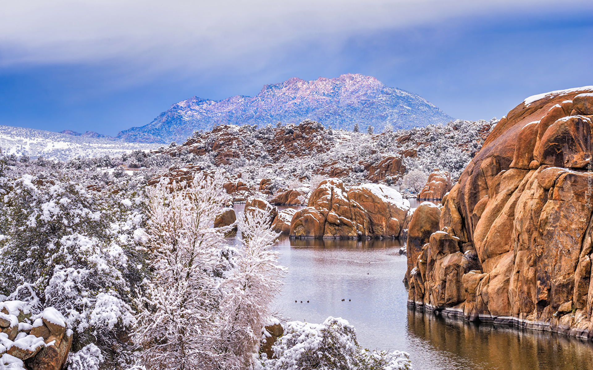 Góry, Skały, Granite Dells, Jezioro, Watson Lake, Śnieg, Prescott, Arizona, Stany Zjednoczone