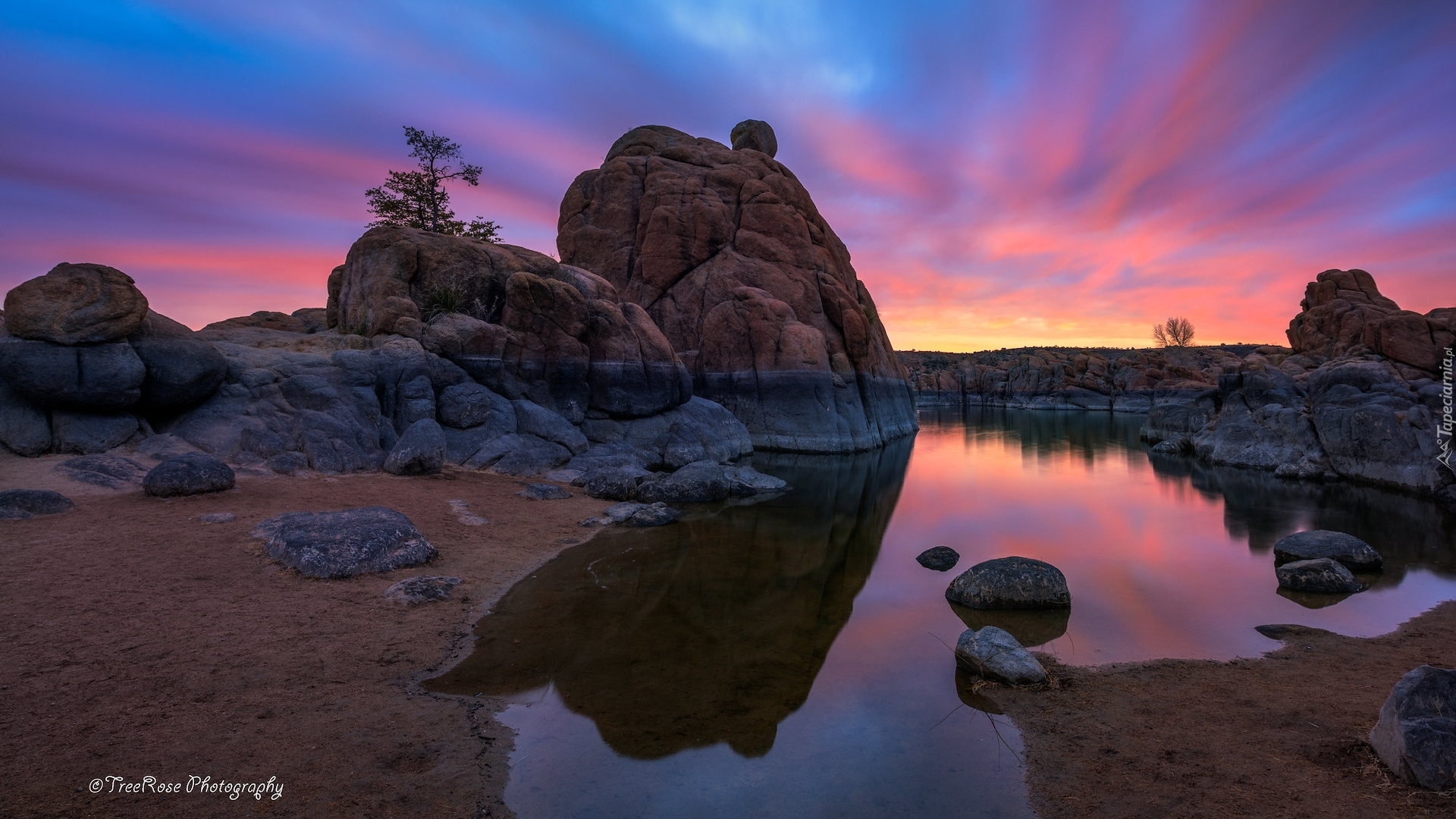 Wschód słońca, Jezioro, Watson Lake, Skały, Prescott, Arizona