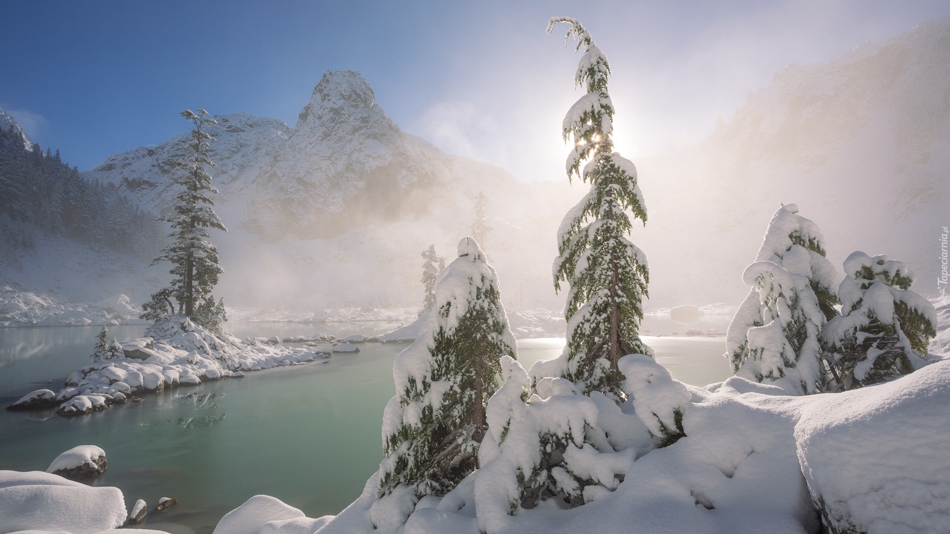 Zima, Góry Nadbrzeżne, Jezioro, Ośnieżone, Drzewa, Mgła, Kolumbia Brytyjska, Kanada