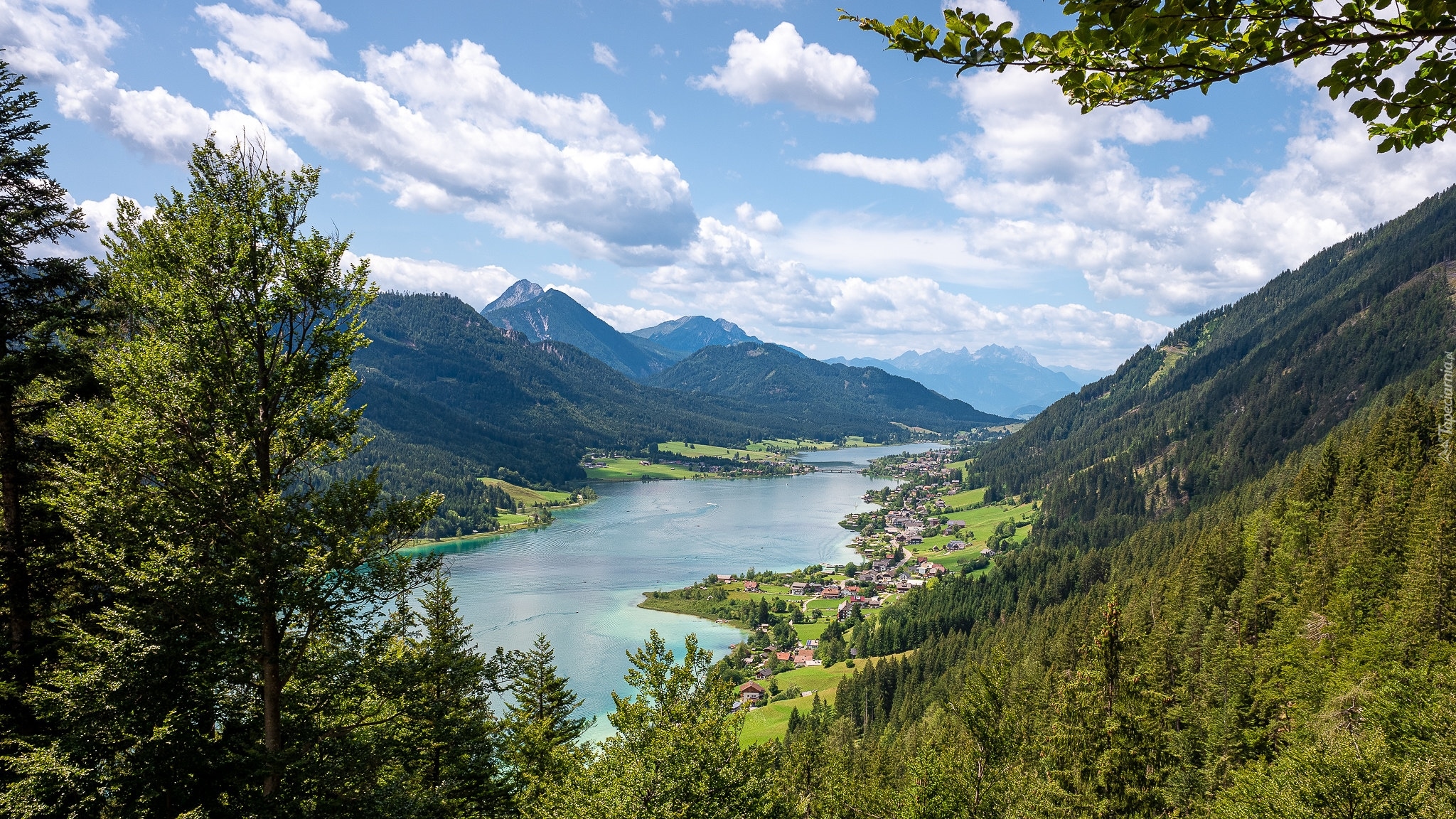 Góry, Jezioro Weissensee, Domy, Drzewa, Austria