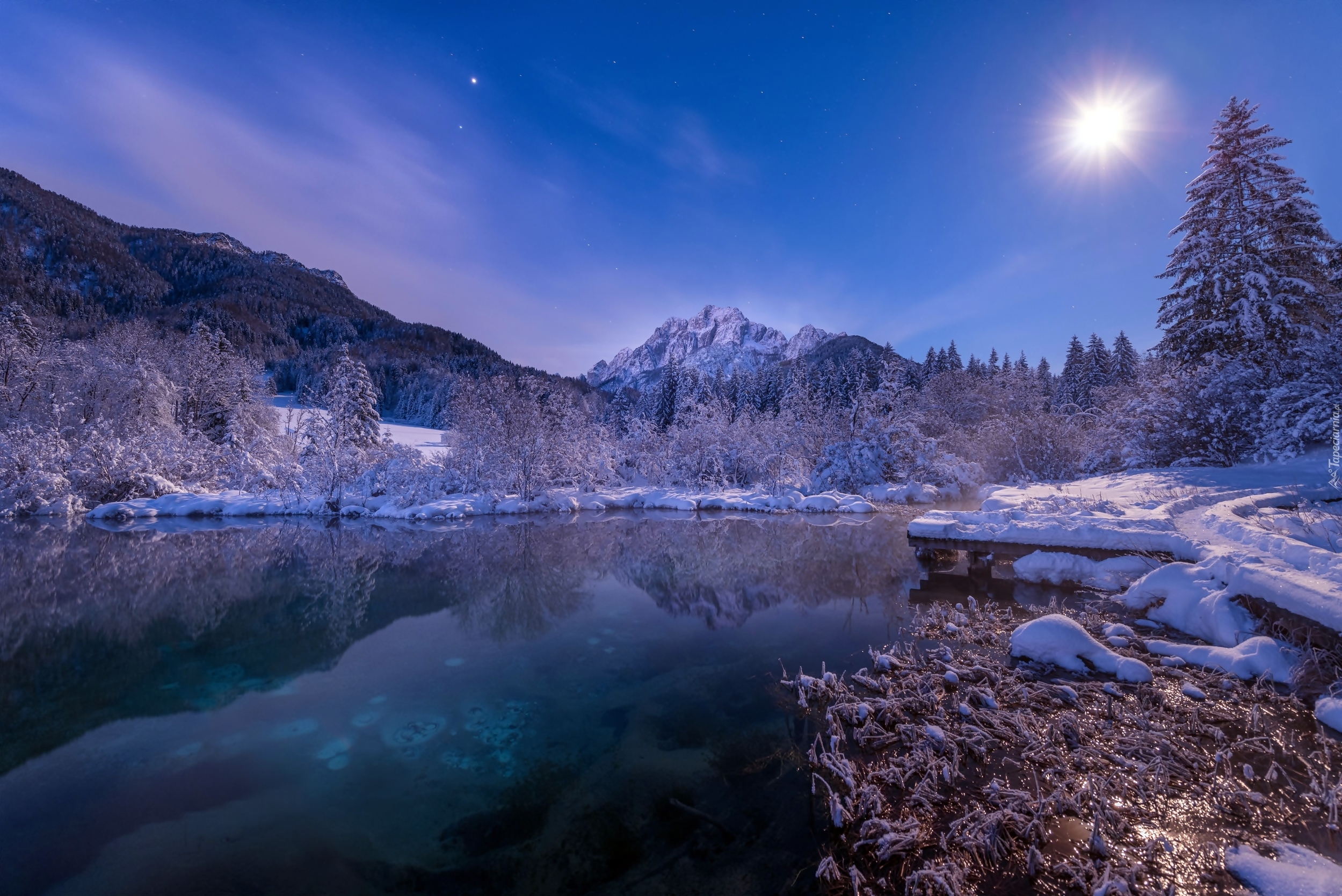Słowenia, Jezioro Zelenci, Księżyc, Noc, Zima, Góry