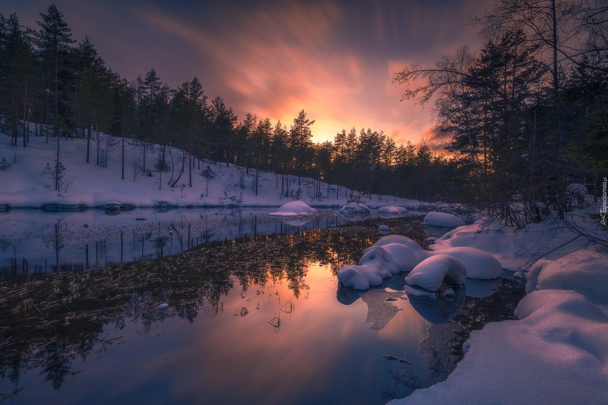  Norwegia, Gmina Ringerike, Zima, Śnieg, Zachód słońca, Jezioro,  Drzewa, Las