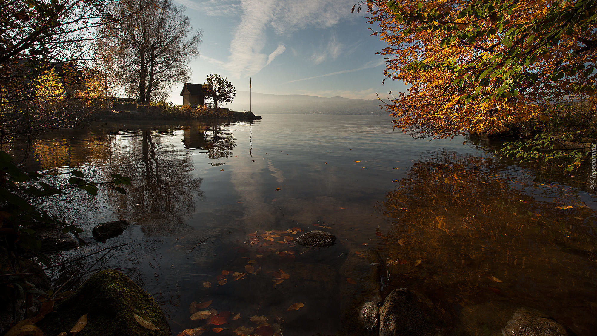 Szwajcaria, Jezioro Zuryskie -Zürichsee, Jesień, Drzewa, Altanka