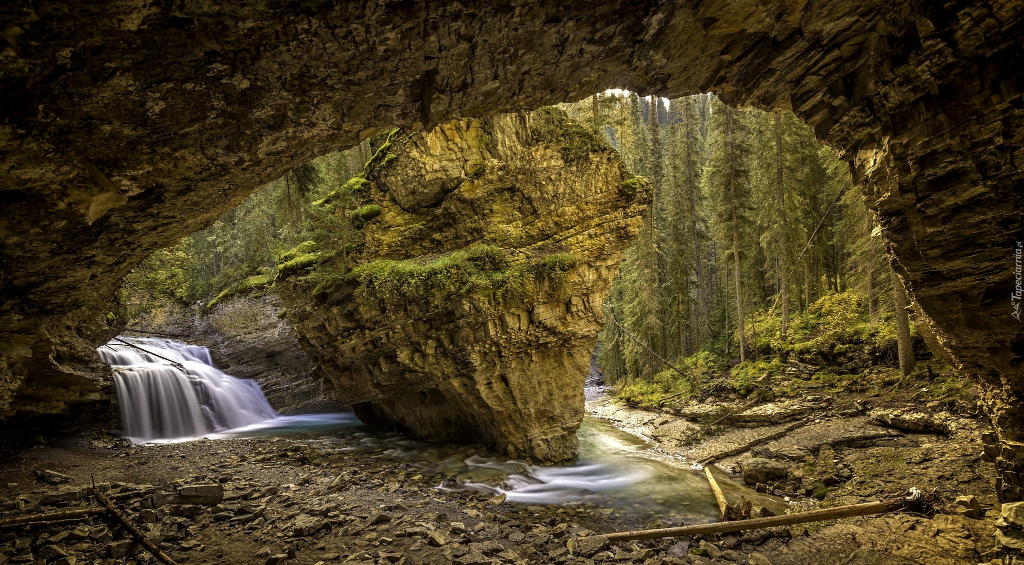 Kanada, Park Narodowy Banff, Johnston Canyon, Jaskinia, Skała, Wodospad, Drzewa