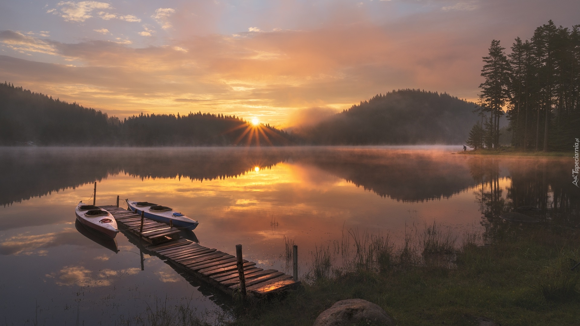 Jezioro, Pomost, Kajaki, Las, Drzewa, Mgła, Wschód słońca