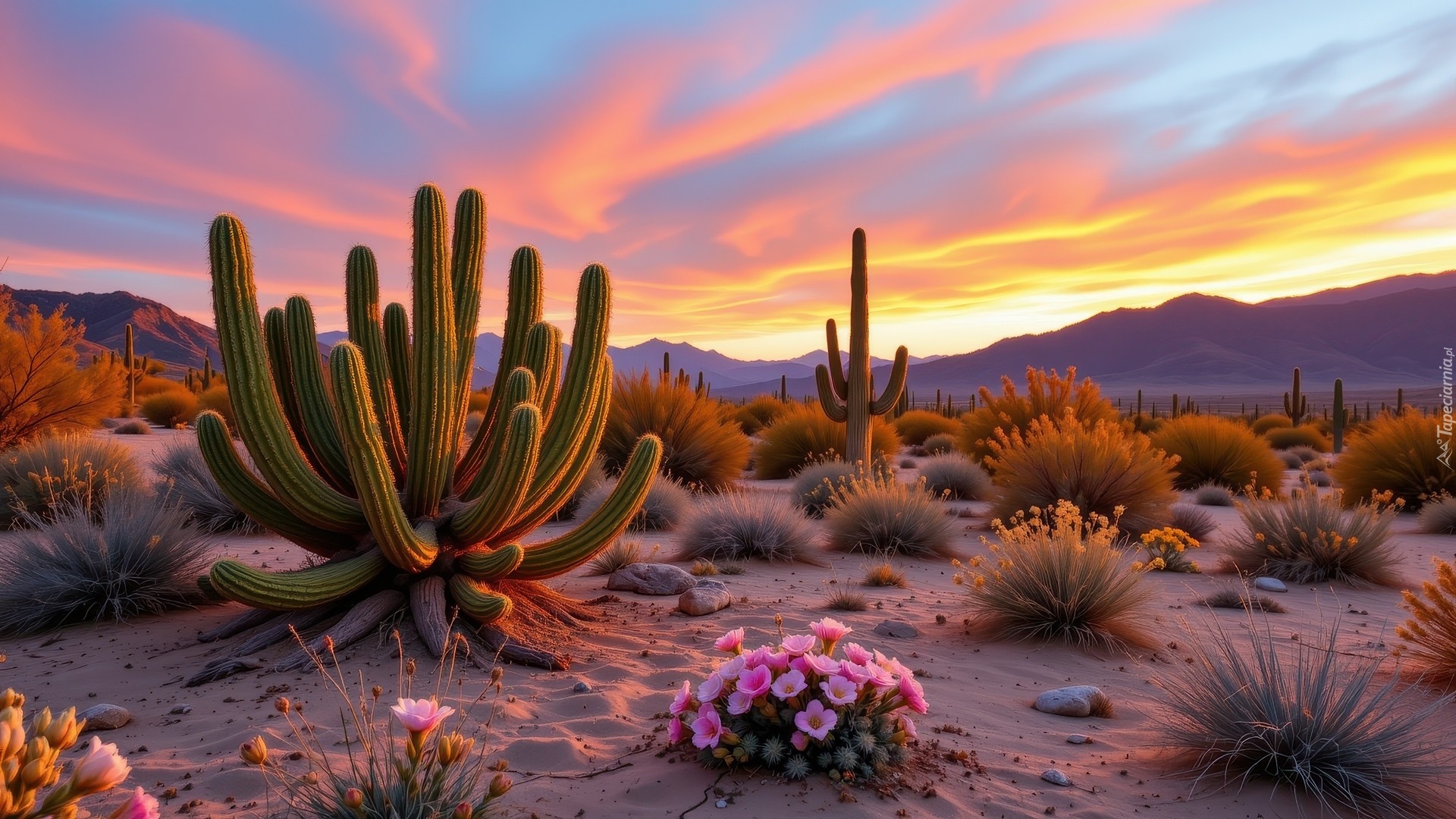 Kolorowe, Niebo, Kaktusy, Różowe, Kwiaty, Kępki, Rośliny, Piasek, Góry