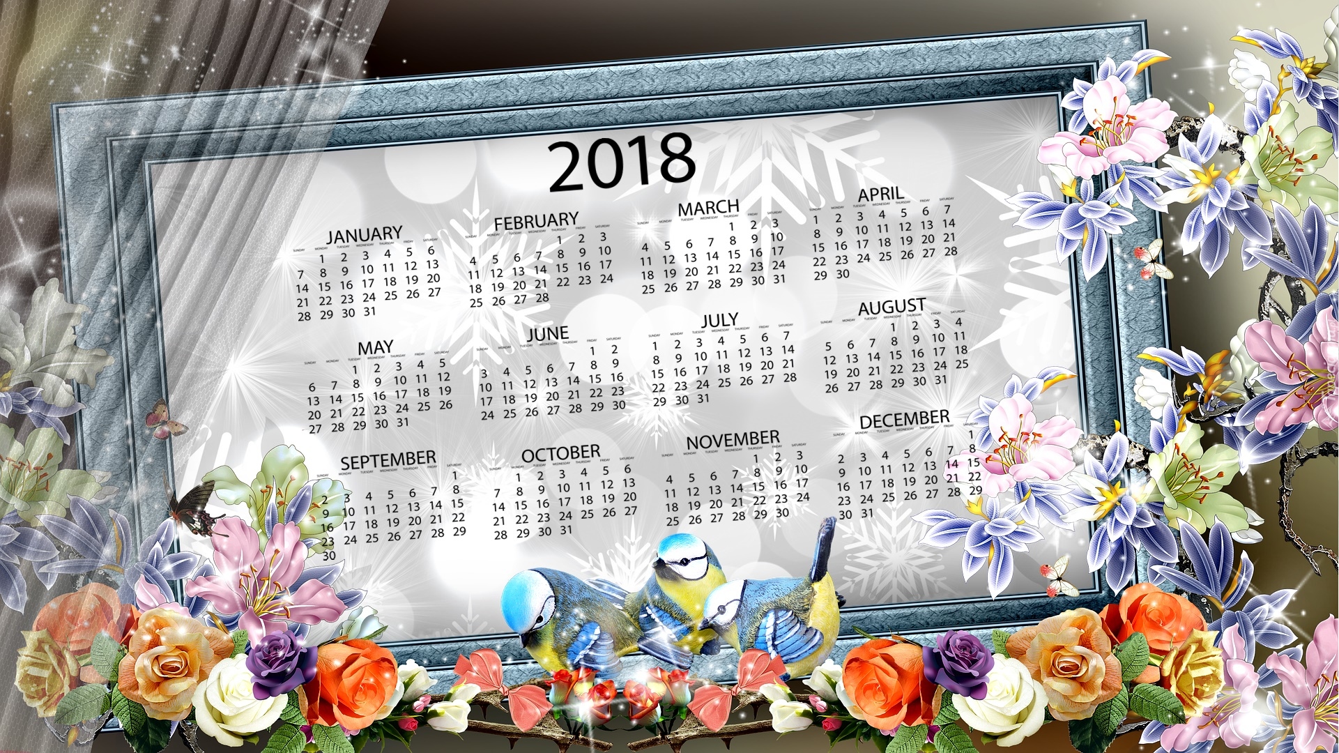 Ramka, Kwiaty, Ptaszki, Kalendarz, 2018