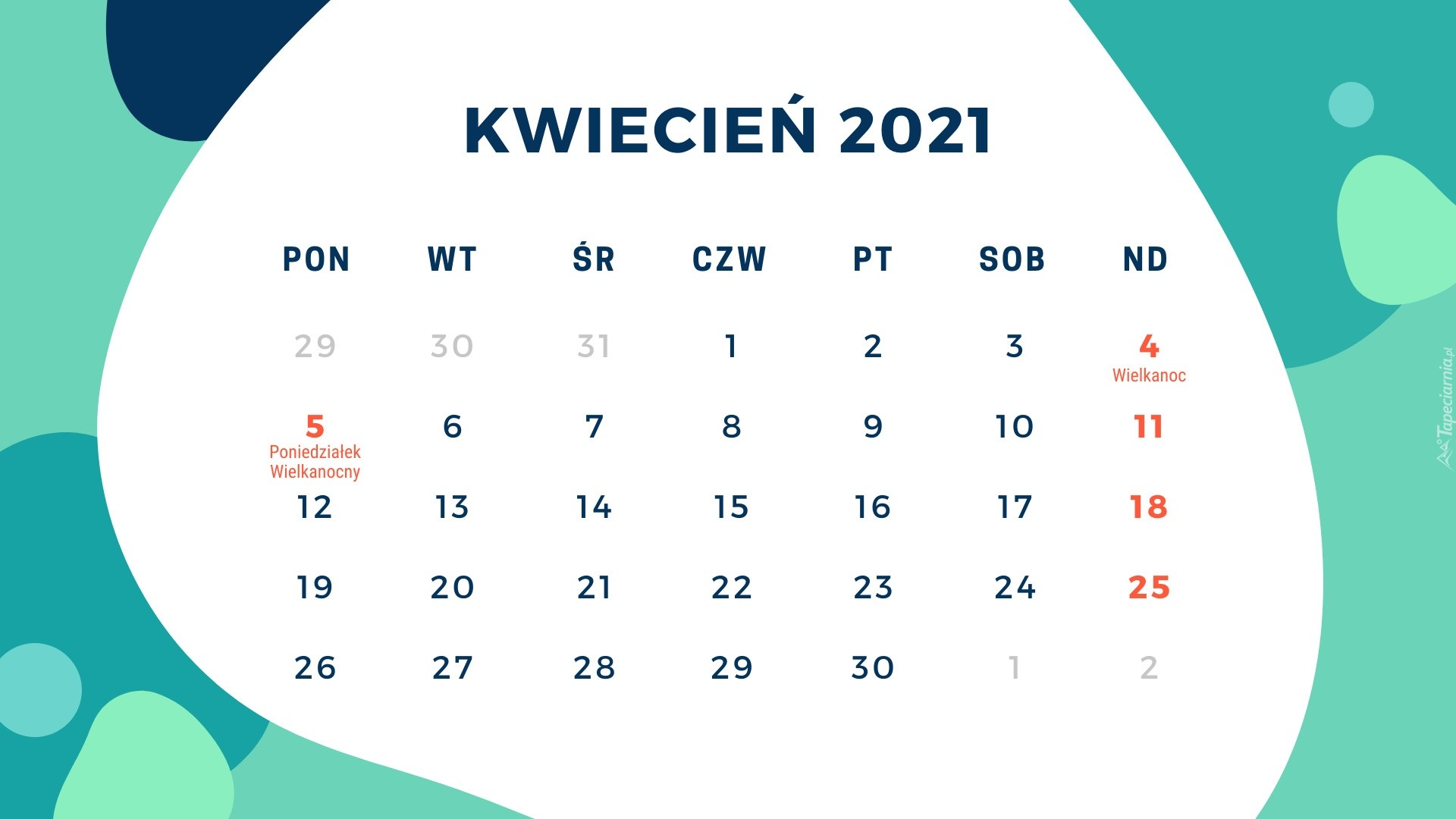 Kalendarz, Miesiąc, Kwiecień, Rok, 2021