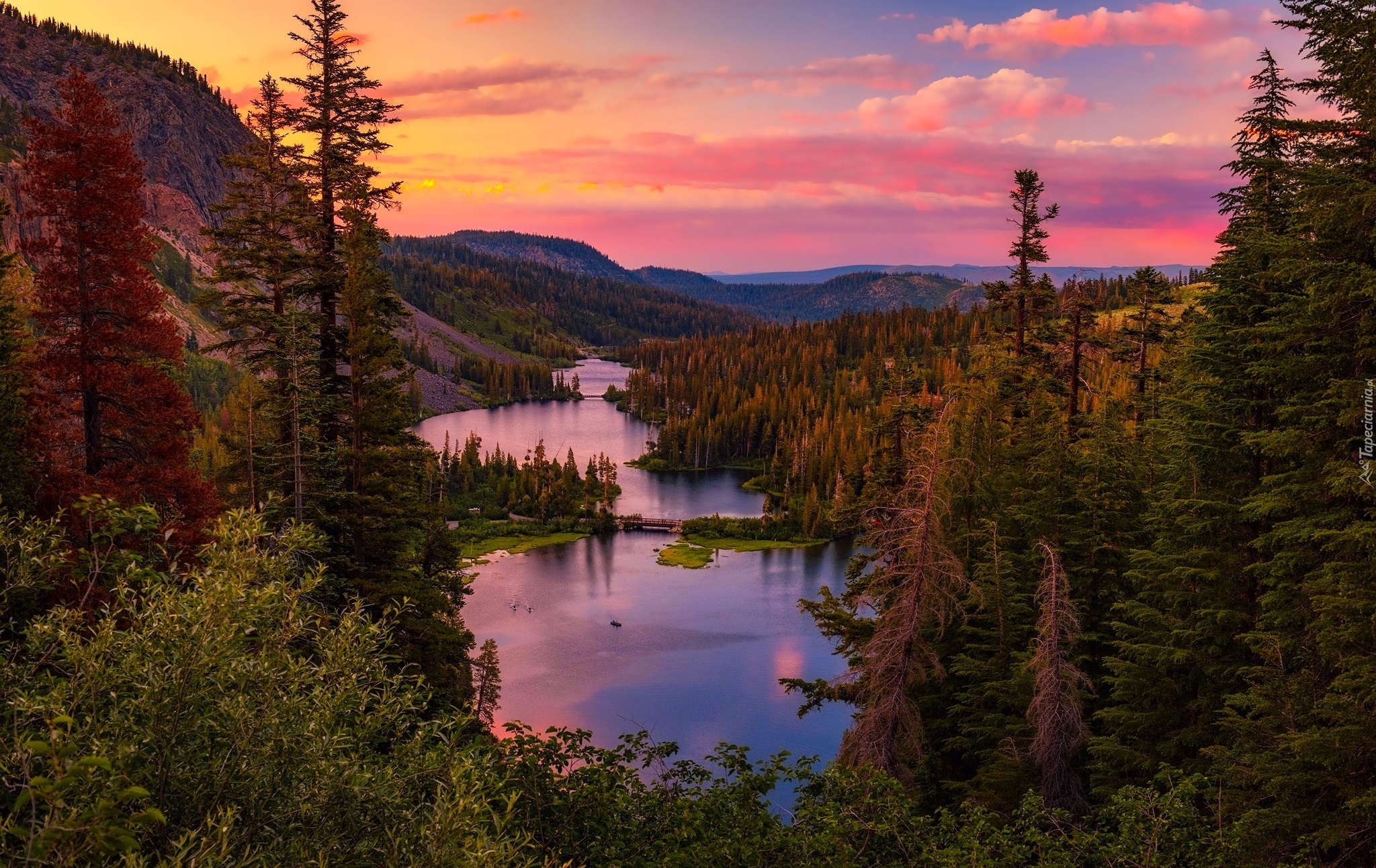 Stany Zjednoczone, Kalifornia, Hrabstwo Mono, Góry, Jeziora Twin Lakes, Jeziora Bliźniacze, Zachód słońca, Drzewa, Świerki