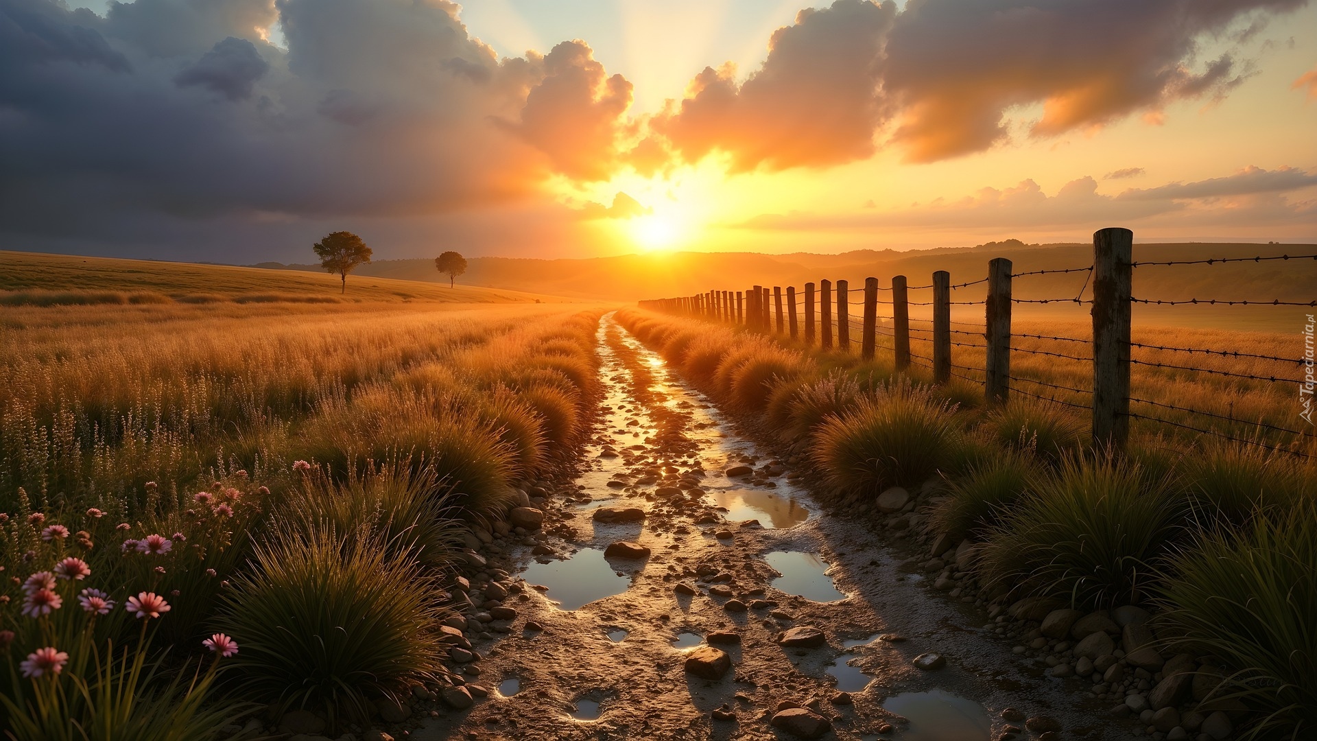 Łąka, Pole, Droga, Ogrodzenie, Kałuże, Zachód słońca