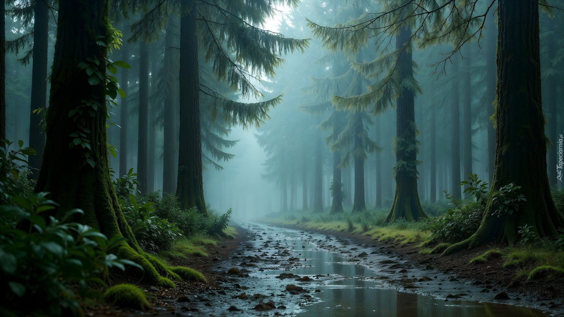 Las, Drzewa, Droga, Kałuże, Mgła