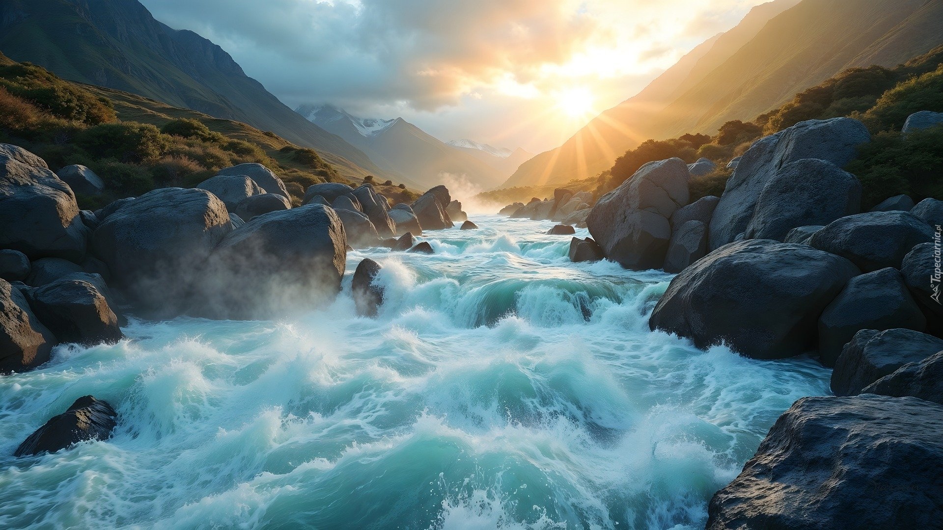 Rzeka, Góry, Kamienie, Głazy, Promienie słońca