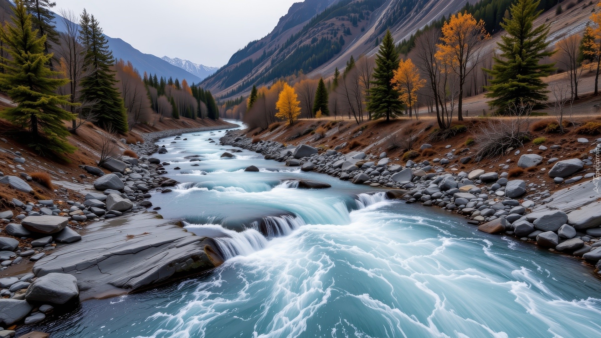 Jesień, Góry, Rwąca, Rzeka, Kamienie, Drzewa