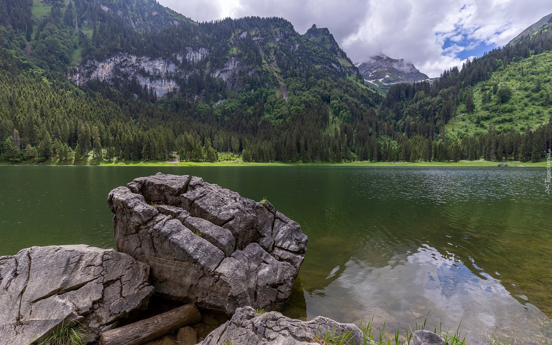 Jezioro, Voralpsee, Kamienie, Głazy, Góry, Alpy, Drzewa, Lasy, Kanton Sankt Gallen, Szwajcaria