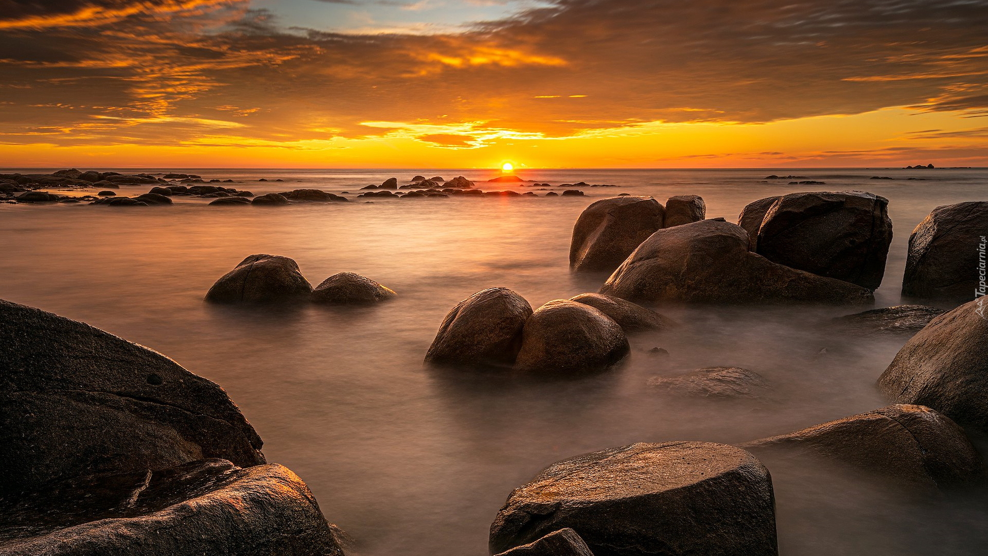 Morze, Zachód słońca, Kamienie, Głazy, Binalong Bay, Tasmania, Australia