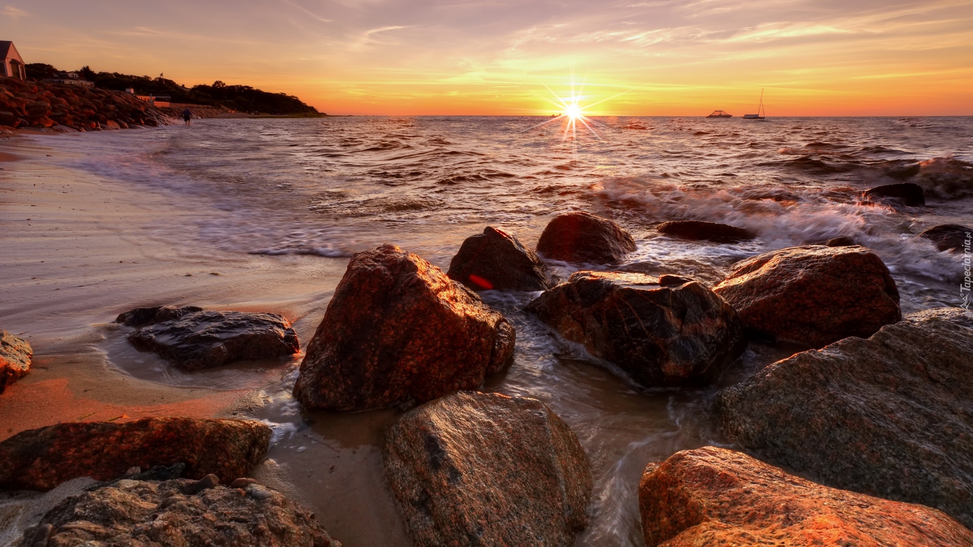 Morze, Fale, Kamienie, Plaża, Breakwater Beach, Zachód słońca, Brewster, Massachusetts, Stany Zjednoczone