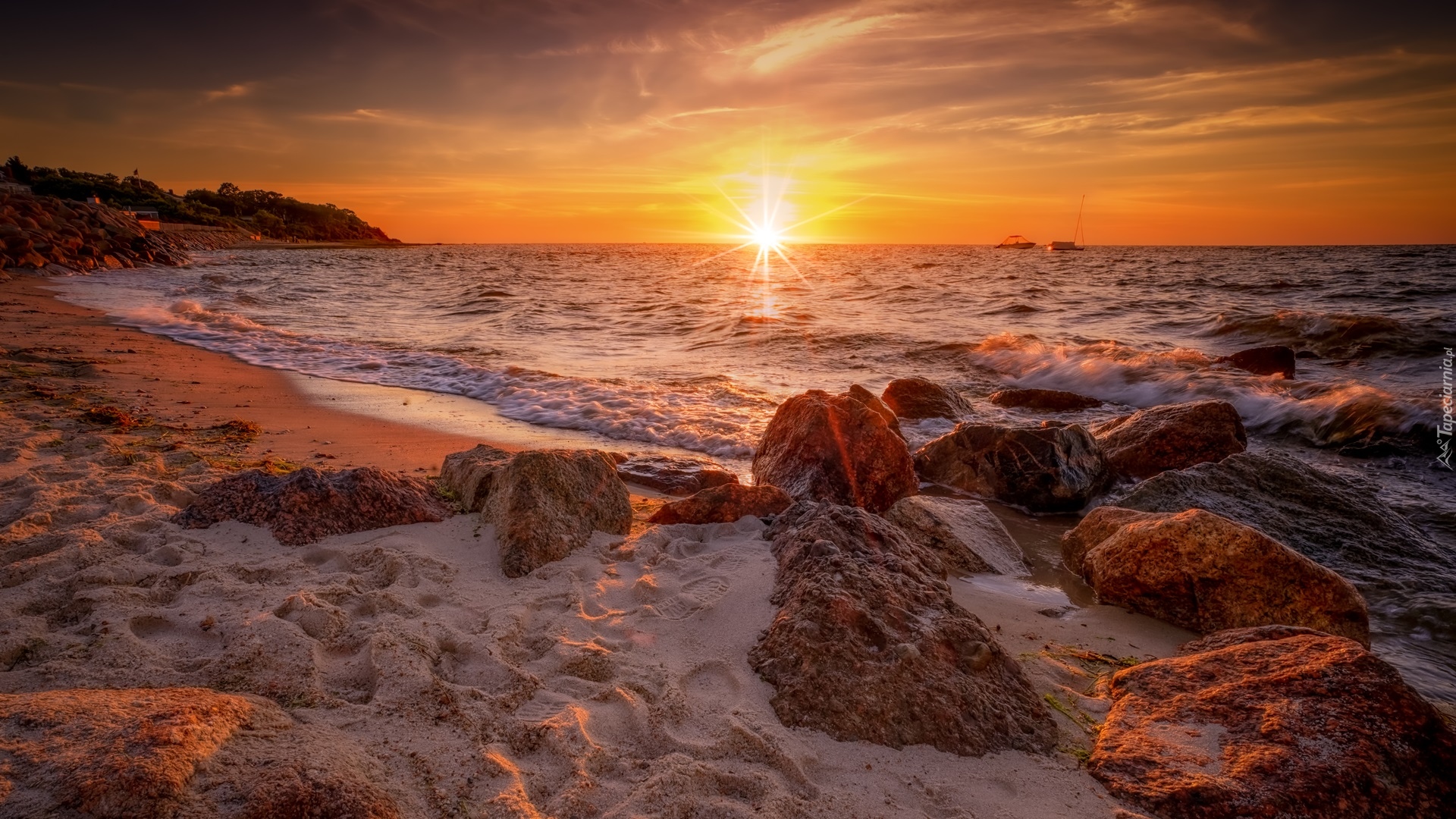 Morze, Fale, Kamienie, Plaża, Breakwater Beach, Piasek, Zachód słońca, Brewster, Massachusetts, Stany Zjednoczone