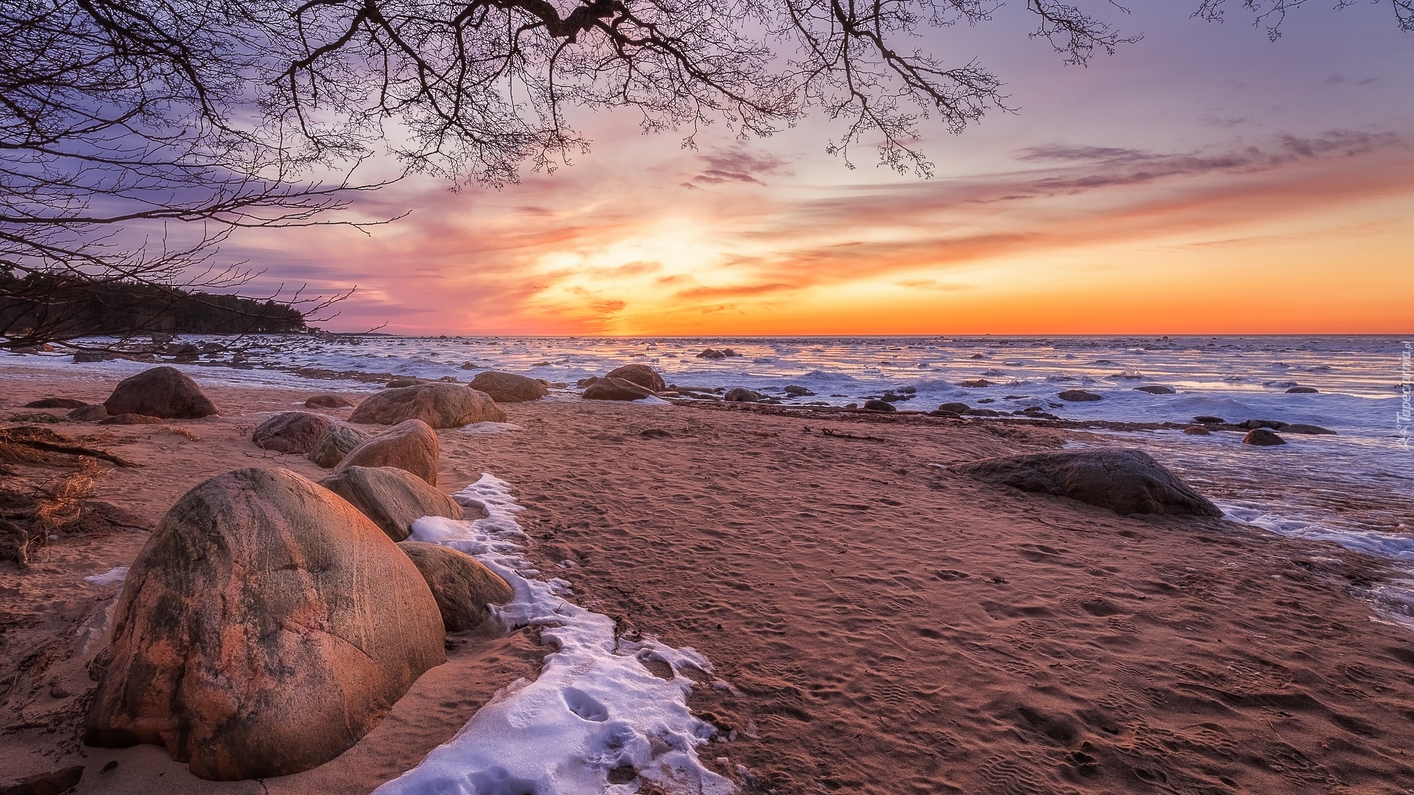 Morze, Plaża, Wschód słońca, Gałęzie, Kamienie