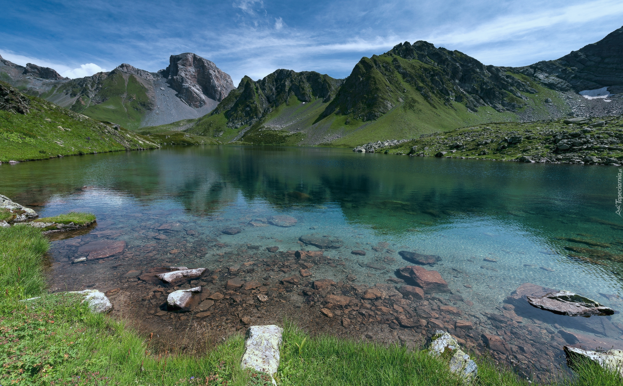 Góry, Jezioro, Kamienie, Trawa