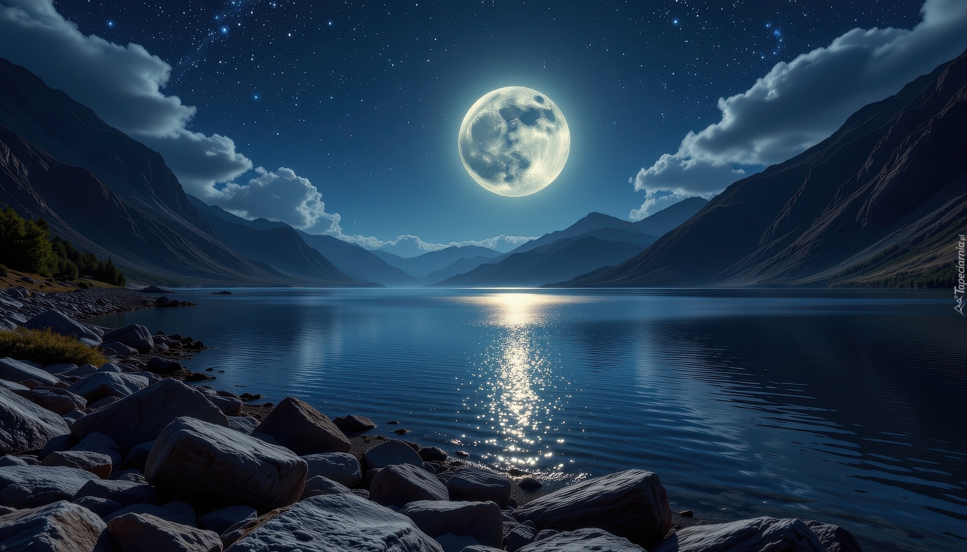 Kamienie, Jezioro, Góry, Księżyc, Gwiazdy, Grafika AI
