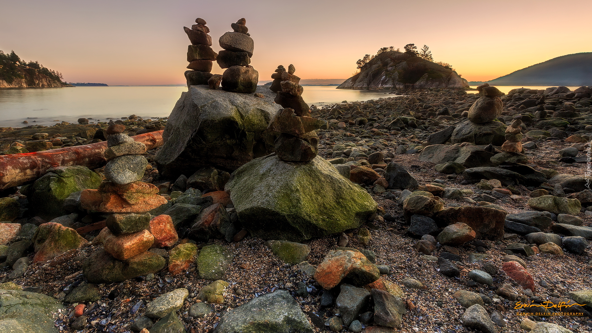 Kamienie, Stosy, Morze, Drzewa, Whytecliff Park, West Vancouver, Vancouver, Kanada