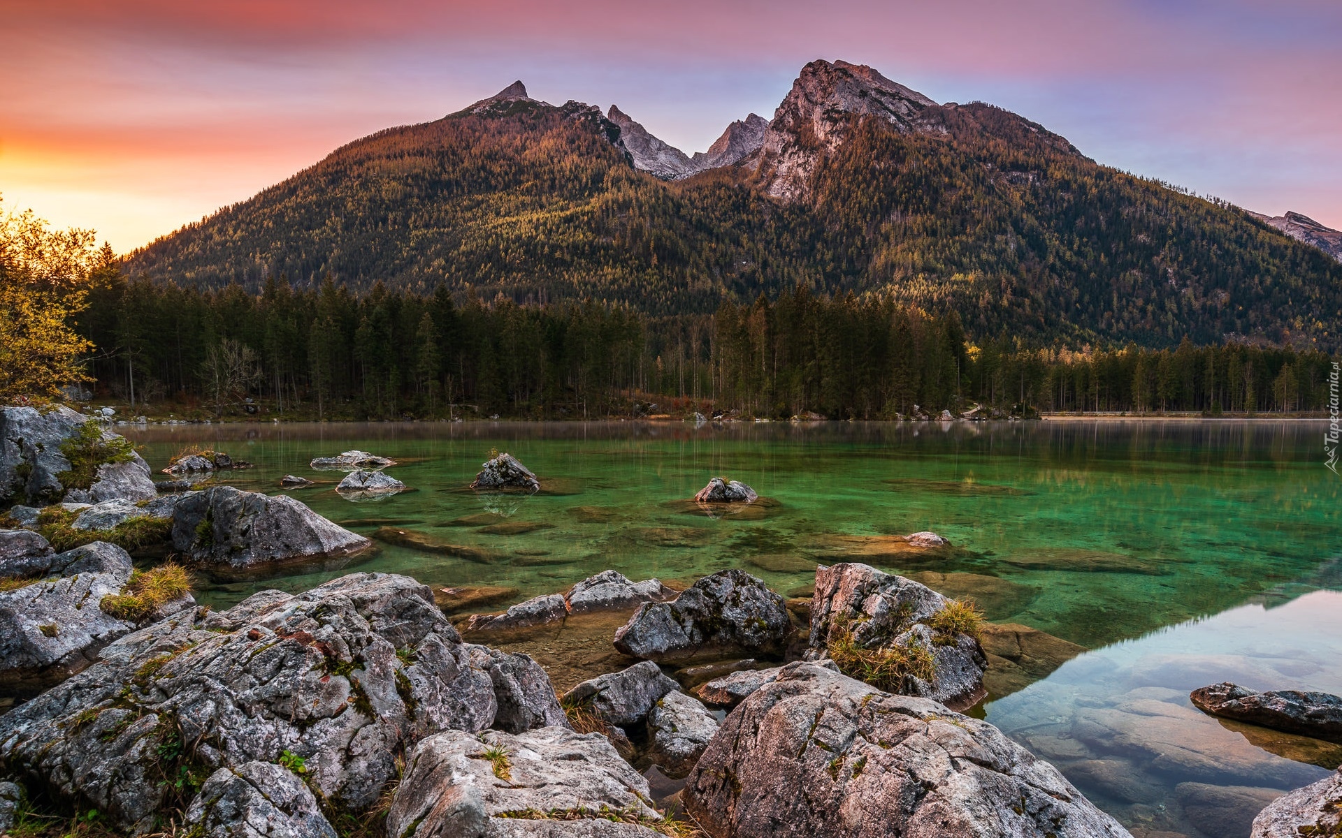 Góry, Jezioro Hintersee, Kamienie, Wschód słońca, Drzewa, Bawaria, Niemcy