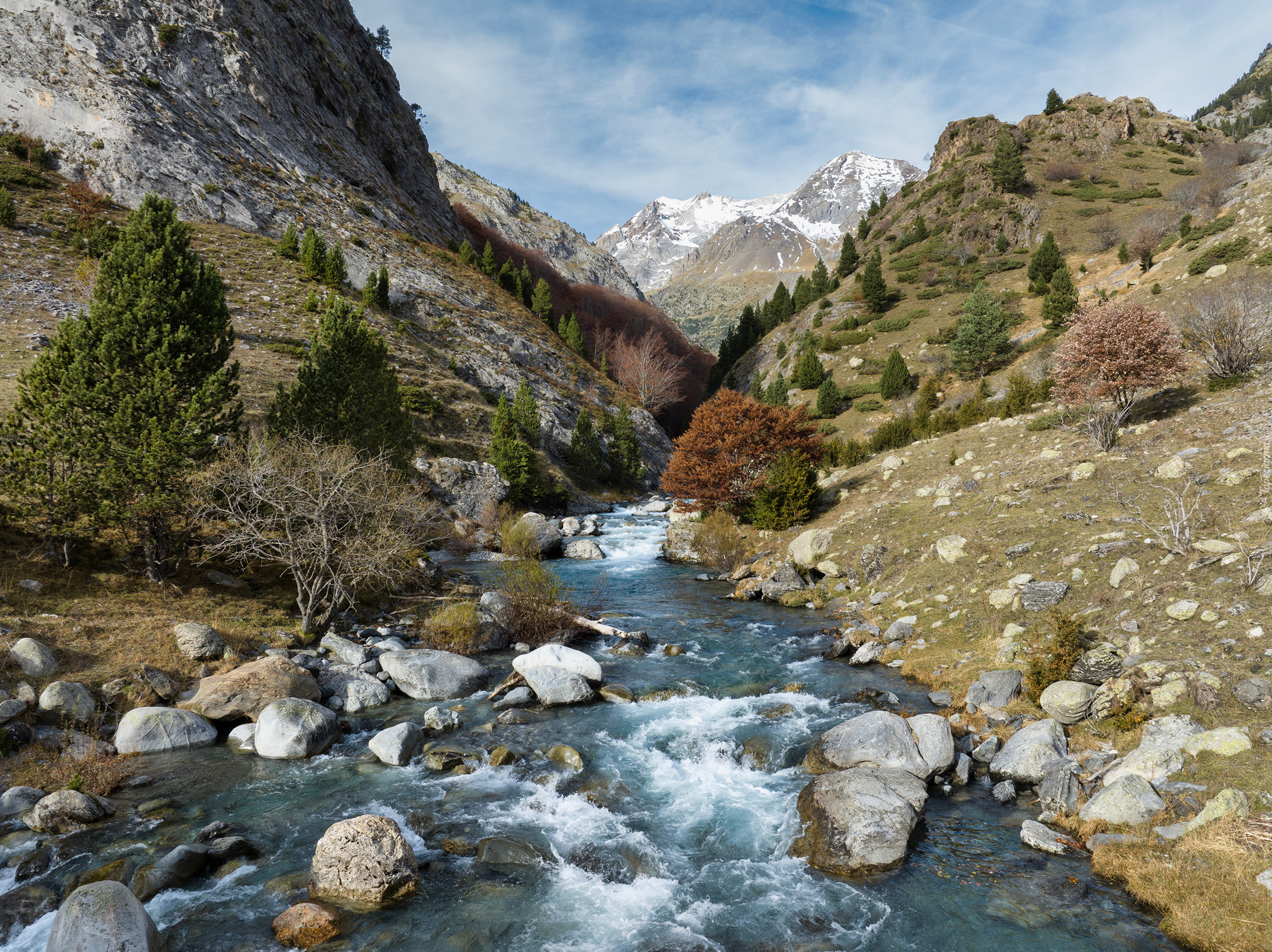 Hiszpania, Aragonia, Bujaruelo Valley, Góry, Pireneje,  Niebo, Rzeka, Rio Ara, Kamienie, Drzewa