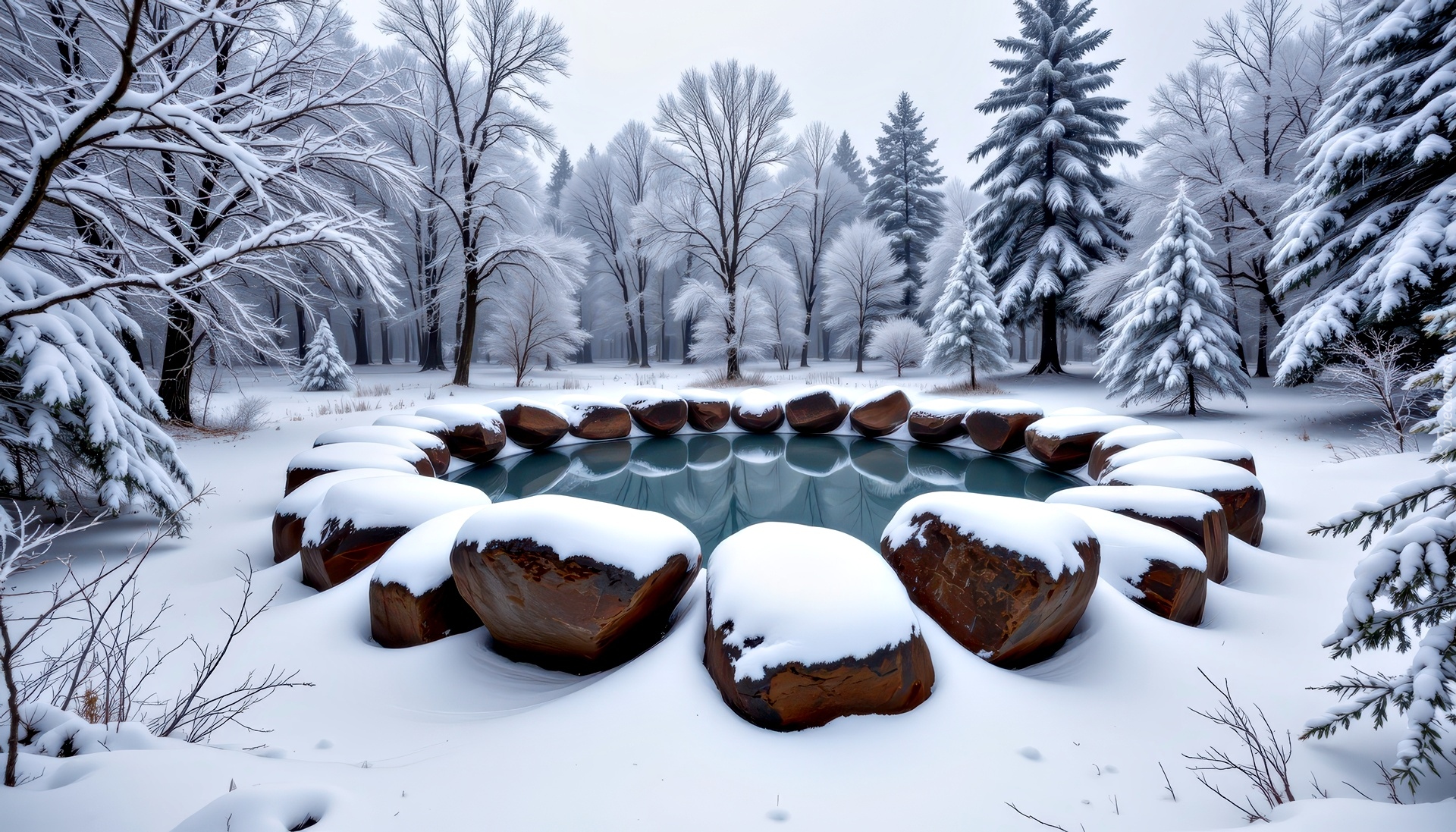 Zima, Drzewa, Polana, Woda, Kamienie, Las, Grafika AI