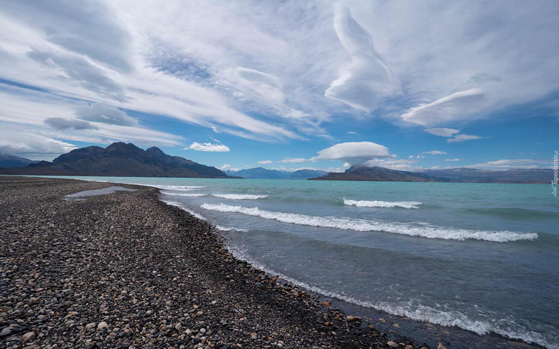 Góry, Niebo, Chmury, Jezioro, San Martin Lago, Kamienie, Patagonia, Argentyna