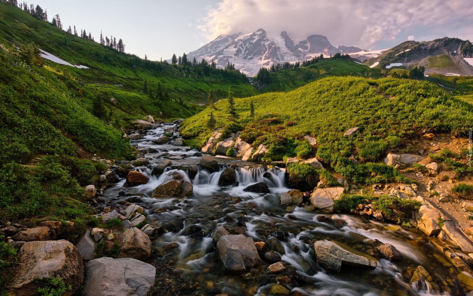 Park Narodowy Mount Rainier, Rzeka, Kamienie, Góry, Szczyt Mount Rainier, Stan Waszyngton, Stany Zjednoczone