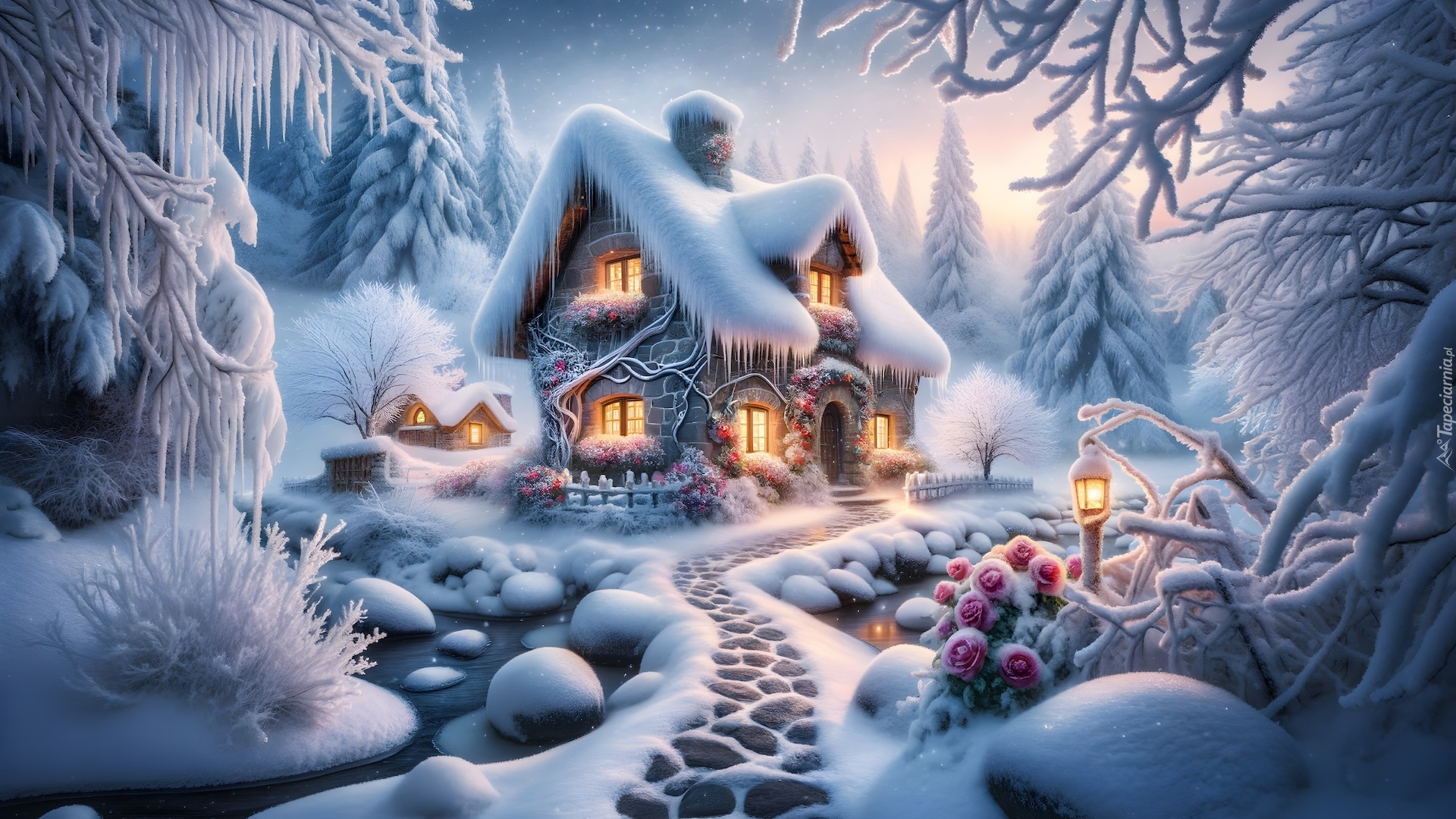 Grafika AI, Zima, Ośnieżony, Dom, Drzewa, Oszronione, Ścieżka, Rzeka, Ślady