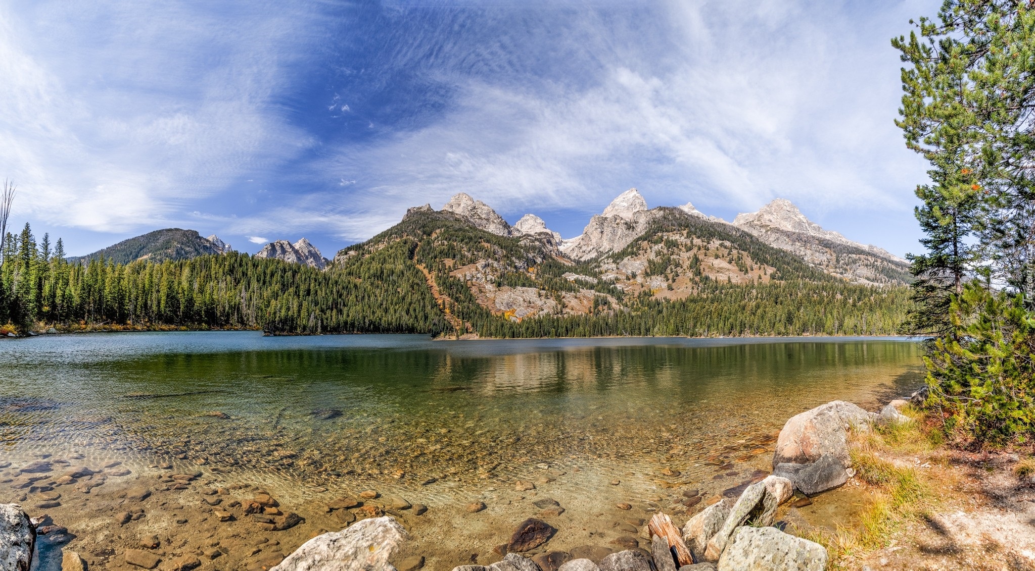 Stany Zjednoczone, Stan Wyoming, Park Narodowy Grand Teton, Jezioro Bradley, Kamienie, Drzewa, Góry