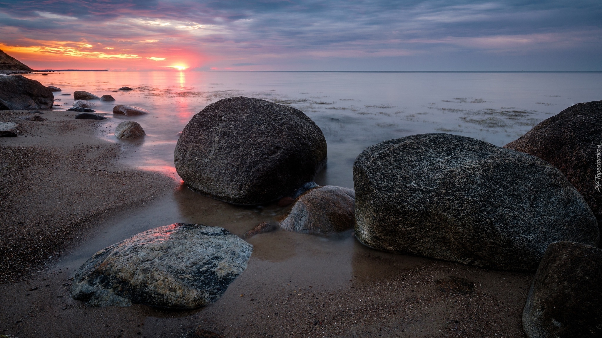 Wybrzeże, Kamienie, Piasek, Morze, Zachód słońca