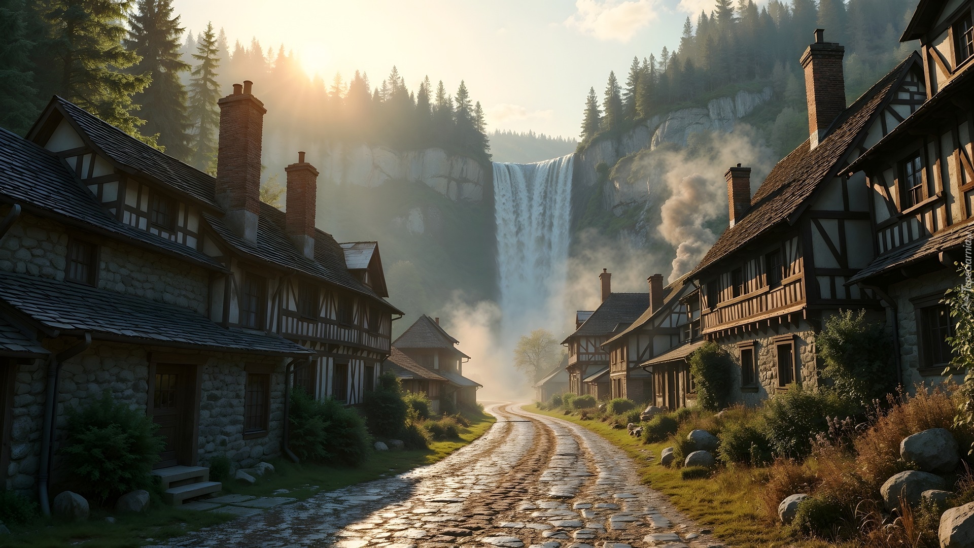 Droga, Domy, Wodospad, Skały