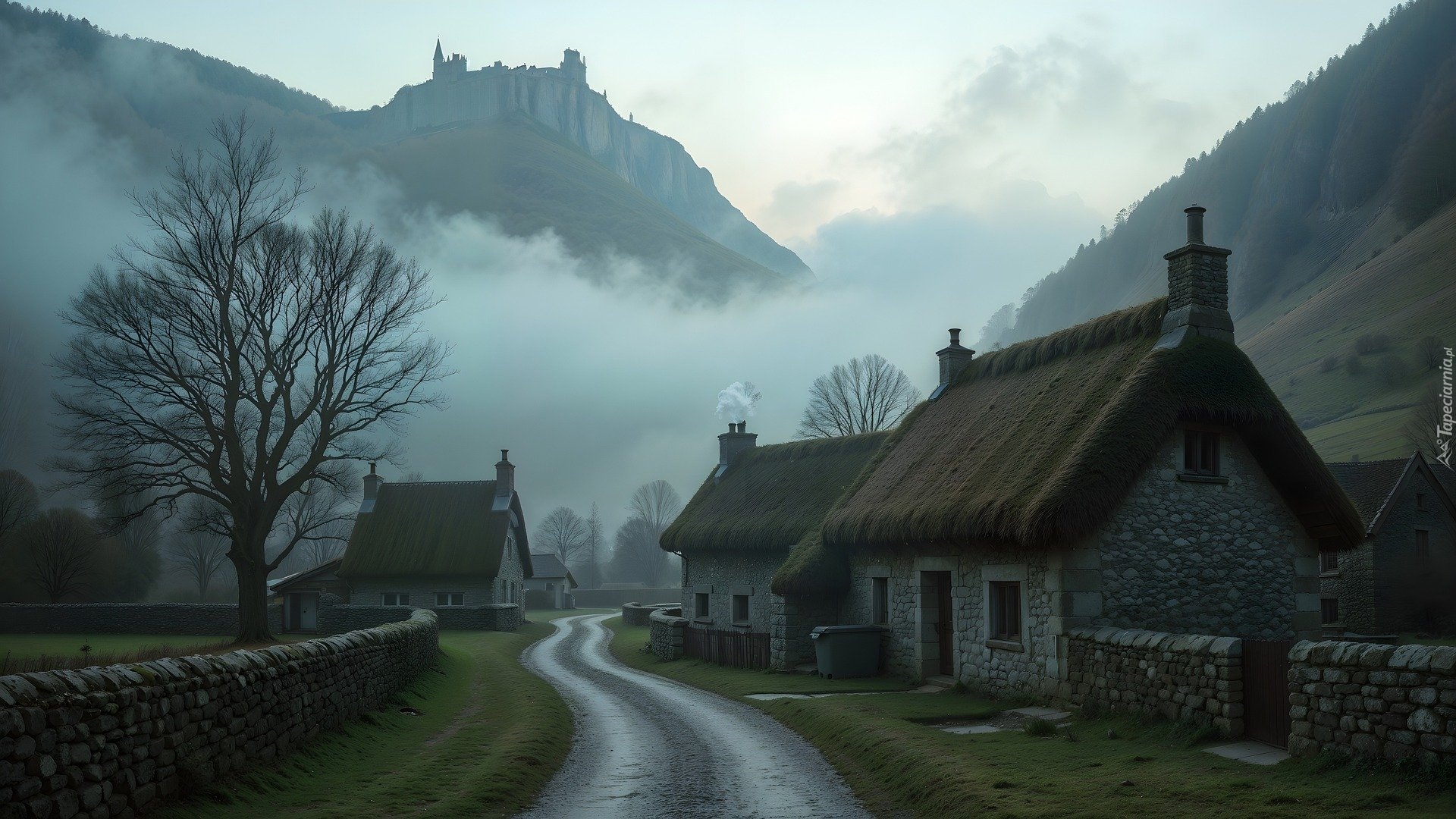 Wioska, Domy, Góra, Zamek, Mgła