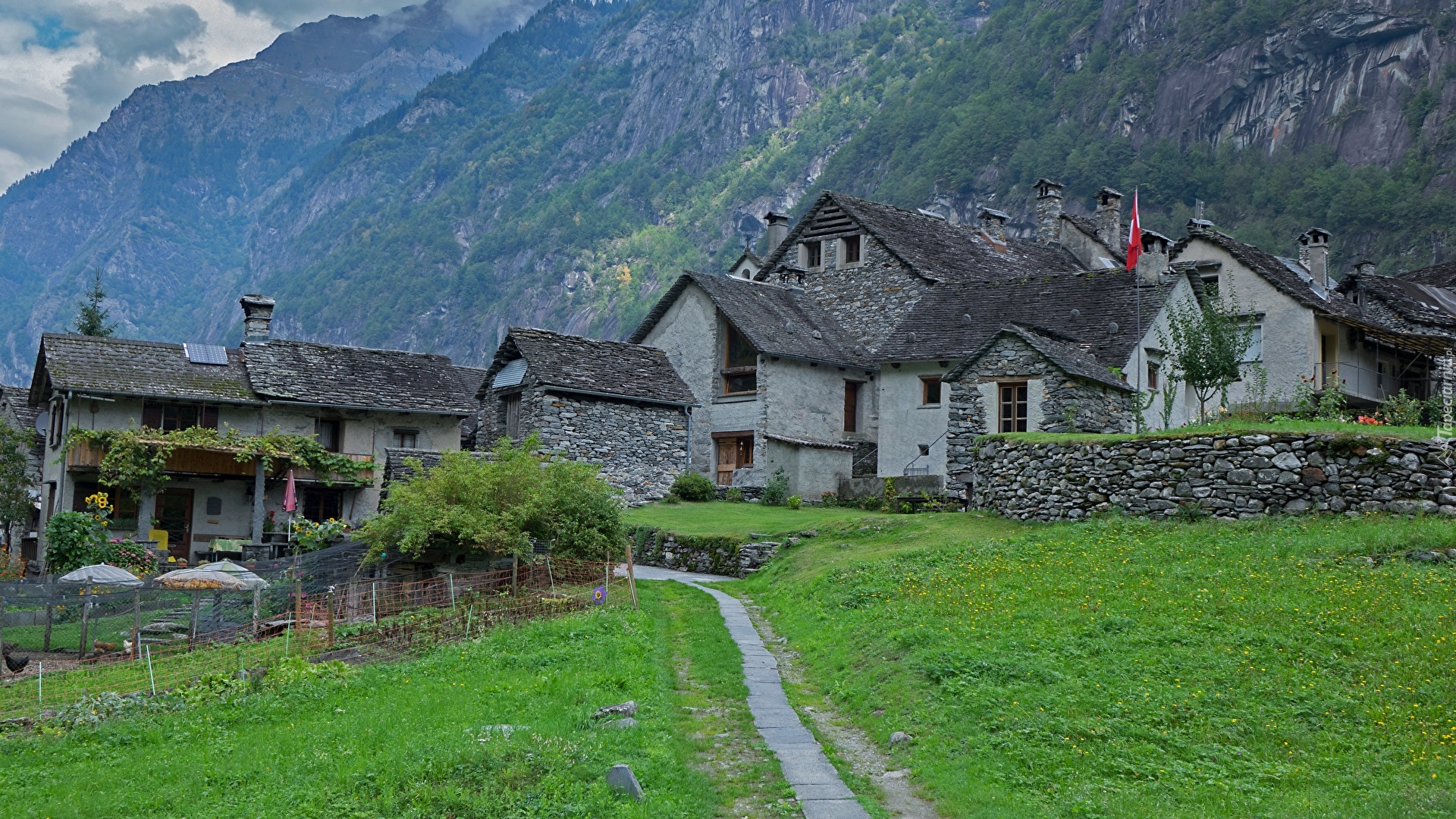 Szwajcaria, Ticino, Dolina Bavona, Góry, Alpy, Kamienne, Domy