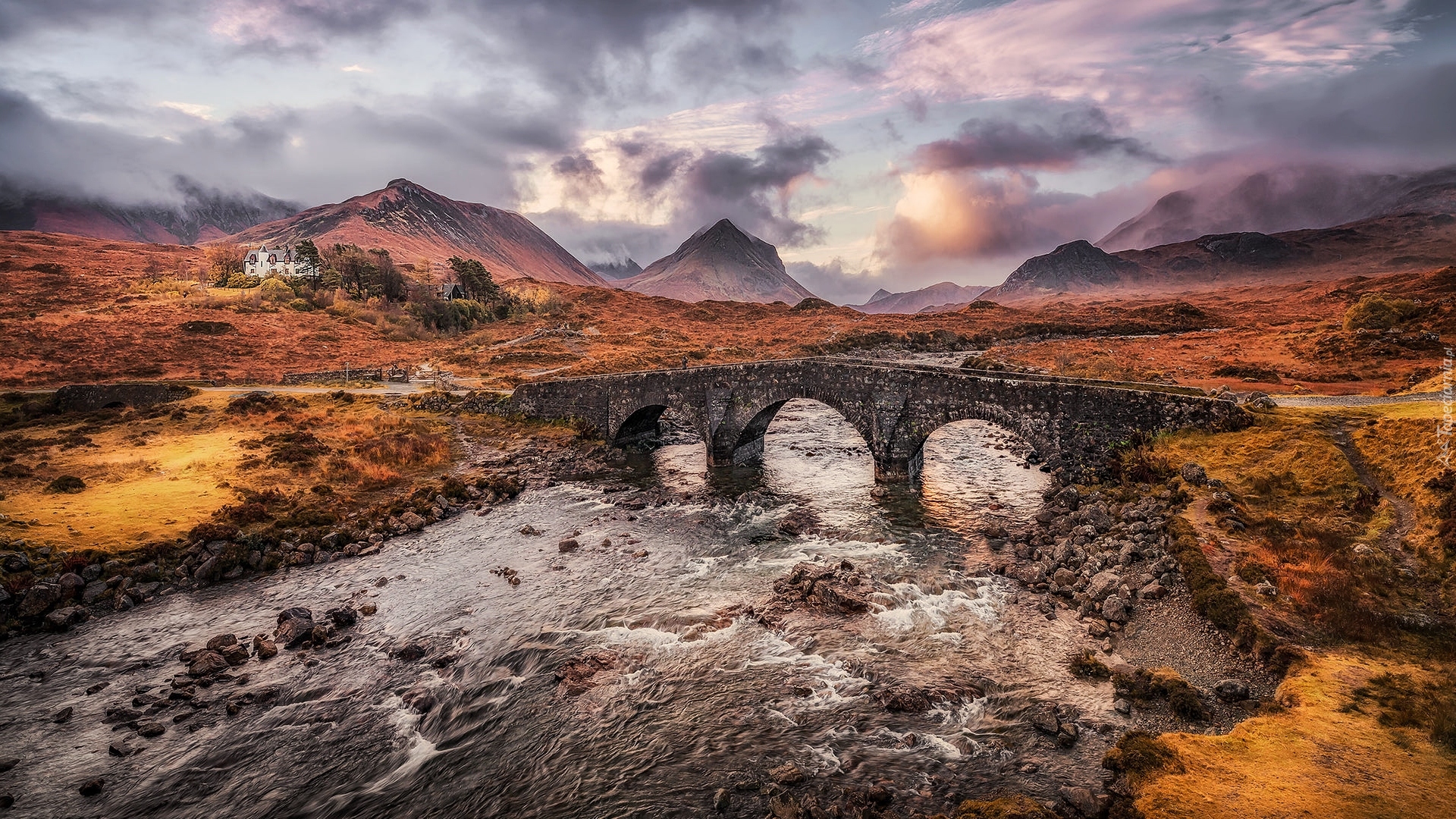 Kamienny, Most, Sligachan Bridge, Rzeka, Sligachan River, Góry, Dom, Wyspa Skye, Szkocja