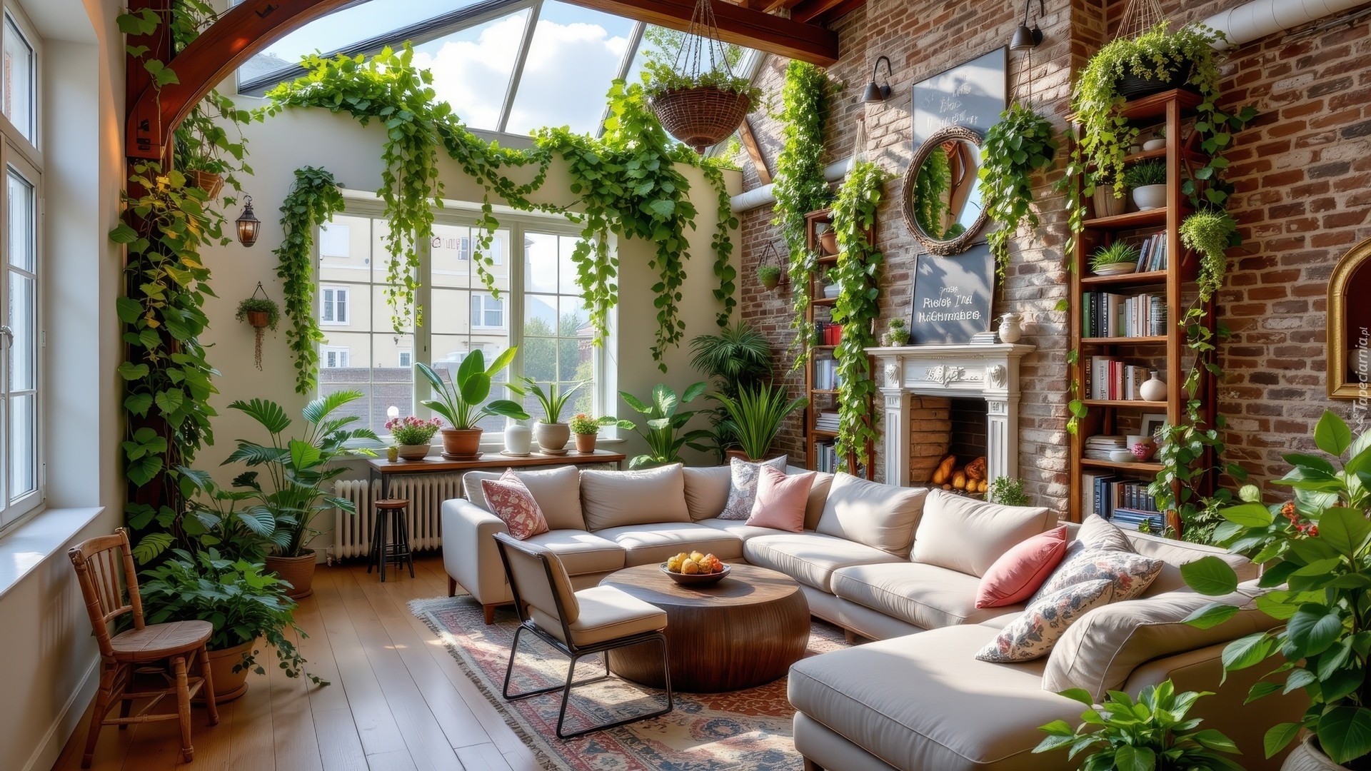 Salon, Kanapa, Krzesła, Kominek, Kwiaty